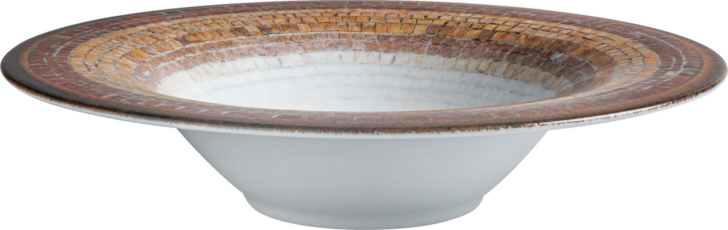 VEGA LUSINI Solutions GmbH Pasta plate Terra Mosaic Pastateller Terra Mosaic Pasta plate Terra Mosaic; 600 ml, 30 cm (Ø); terracotta/beige/brown; round; 4 piece / pack Pastateller Terra Mosaic; 600 ml, 30 cm (Ø); terrakotta/beige/braun; rund; 4 Stück / Pack The Terra Mosaic porcelain pasta plate has been specially designed for dishes with sauce, bowls and creative pasta creations. The deep shape facilitates neat plating and serving, whilst the Mediterranean design adds an authentic, southern-inspired touch – ideal for modern catering concepts with a focus on presentation. The porcelain used is robust, dimensionally stable and tailored to the demands of everyday professional catering. Even with frequent use in dishwashers, the plate retains its functionality and appearance. Its suitability for microwave use allows for flexible preparation and service, particularly in establishments with high guest volumes. The Terra Mosaic pasta plate combines aesthetics and efficiency and is suitable for restaurants, hotels and corporate catering with a varied menu. Advantages & Features: * deep porcelain plate for pasta, bowls, risotto and salads * Mediterranean mosaic design for an appealing presentation * dishwasher-safe and microwave-safe * robust, catering-grade porcelain * suitable for restaurants, hotels and bistros Der Porzellan?Pasta?Teller Terra Mosaic ist speziell für Gerichte mit Sauce, Bowls und kreative Pastakreationen entwickelt. Die tiefe Form unterstützt ein sauberes Anrichten und Servieren, während das mediterrane Design einen authentischen, südlich inspirierten Akzent setzt – ideal für moderne Gastronomiekonzepte mit Fokus auf Präsentation. Das verwendete Porzellan ist robust, formstabil und auf die Anforderungen des professionellen Gastro?Alltags abgestimmt. Auch bei häufigem Einsatz in Spülmaschinen behält der Teller seine Funktionalität und Optik. Die Mikrowelleneignung ermöglicht eine flexible Vorbereitung und Ausgabe, insbesondere in Betrieben mit hohem Gästeaufkommen. Der Pasta?Teller Terra Mosaic vereint Ästhetik und Effizienz und eignet sich für Restaurants, Hotels und Betriebsverpflegung mit vielseitigem Speisenangebot. Vorteile & Eigenschaften: * tiefer Porzellan?Teller für Pasta, Bowls, Risotto und Salate * mediterranes Mosaik?Design für eine ansprechende Präsentation * spülmaschinenfest und mikrowellengeeignet * robustes, gastronomietaugliches Porzellan * geeignet für Restaurant, Hotel und Bistro