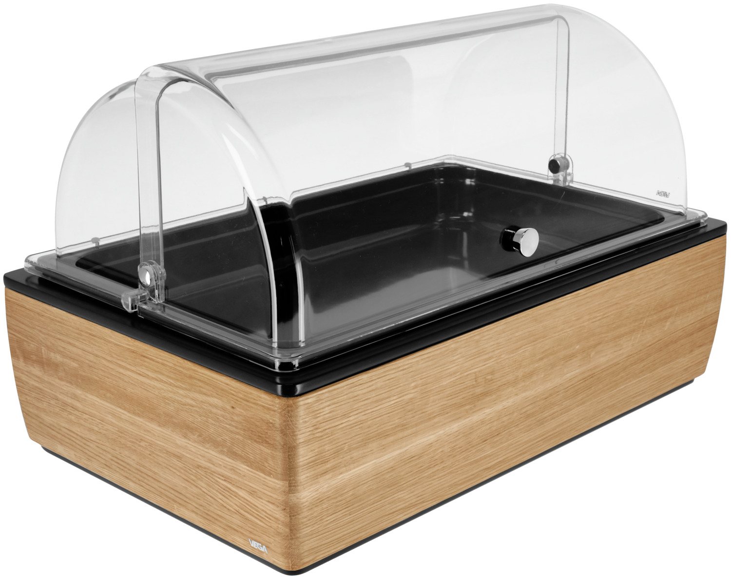 VEGA LUSINI Solutions GmbH Buffet display cabinet Montana oak high,  6.5 cm, GN 1/1, me Buffetvitrine Montana hoch, 6,5 cm, GN 1/1, Melamin Buffet display cabinet Montana oak high,  6.5 cm, GN 1/1, melamine; GN 1/1, 57x36.5x27.4 cm (LxWxH); oak/transparent/white; rectangular Buffetvitrine Montana hoch, 6,5 cm, GN 1/1, Melamin; GN 1/1, 57x36.5x27.4 cm (LxBxH); eiche/transparent/weiß; rechteckig The set consists of the buffet box high made of solid oak with anthracite MDF panel, a base container made of high-quality plastic with a heat resistance up to 70 °C, the matching cold  pack made of polyethylene, the black, 6th generation black, and the black, 6.5 cm deep, stackable, impact and break-proof GN container 1/1 made of melamine (range of application: -30 °C to +70 °C) and the break-proof roll-top cover Sturgis made of high-quality tritan (bisphenol A-free) with non-slip stop rubber coating for quiet opening and closing. The GN container is dishwasher safe, all other parts are not. Kühlvitrine besteht aus der Grundbox hoch aus massivem Eichenholz mit MDF Blende, einer Basisschale aus hochwertigem Kunststoff mit einer Hitzebeständigkeit bis 70 °C, dem passenden Kühlakku aus Polyethylen, dem schwarzen, 6,5 cm tiefen, stapelbaren, stoß- und bruchfesten GN-Behälter 1/1 aus Melamin (Einsatzbereich: -30 °C bis +70 °C) und der bruchsicheren Rolltophaube Sturgis aus hochwertigem Tritan (Bisphenol A -frei) mit rutschfester Anschlagsgummierung für leises Öffnen und Schließen. Der GN-Behälter ist spülmaschinenfest, alle anderen Teile nicht.