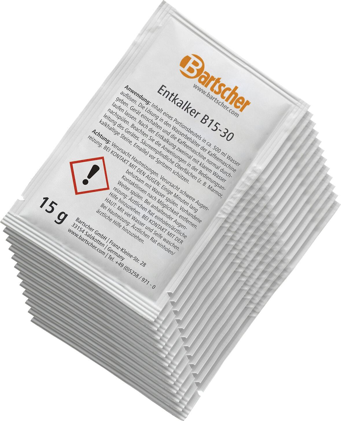 Bartscher B15-30 Detartrant Rapid pentru Aparate de Cafea, Pudra Concentrat, Plicuri de 15g, Conform HACCP, Alb