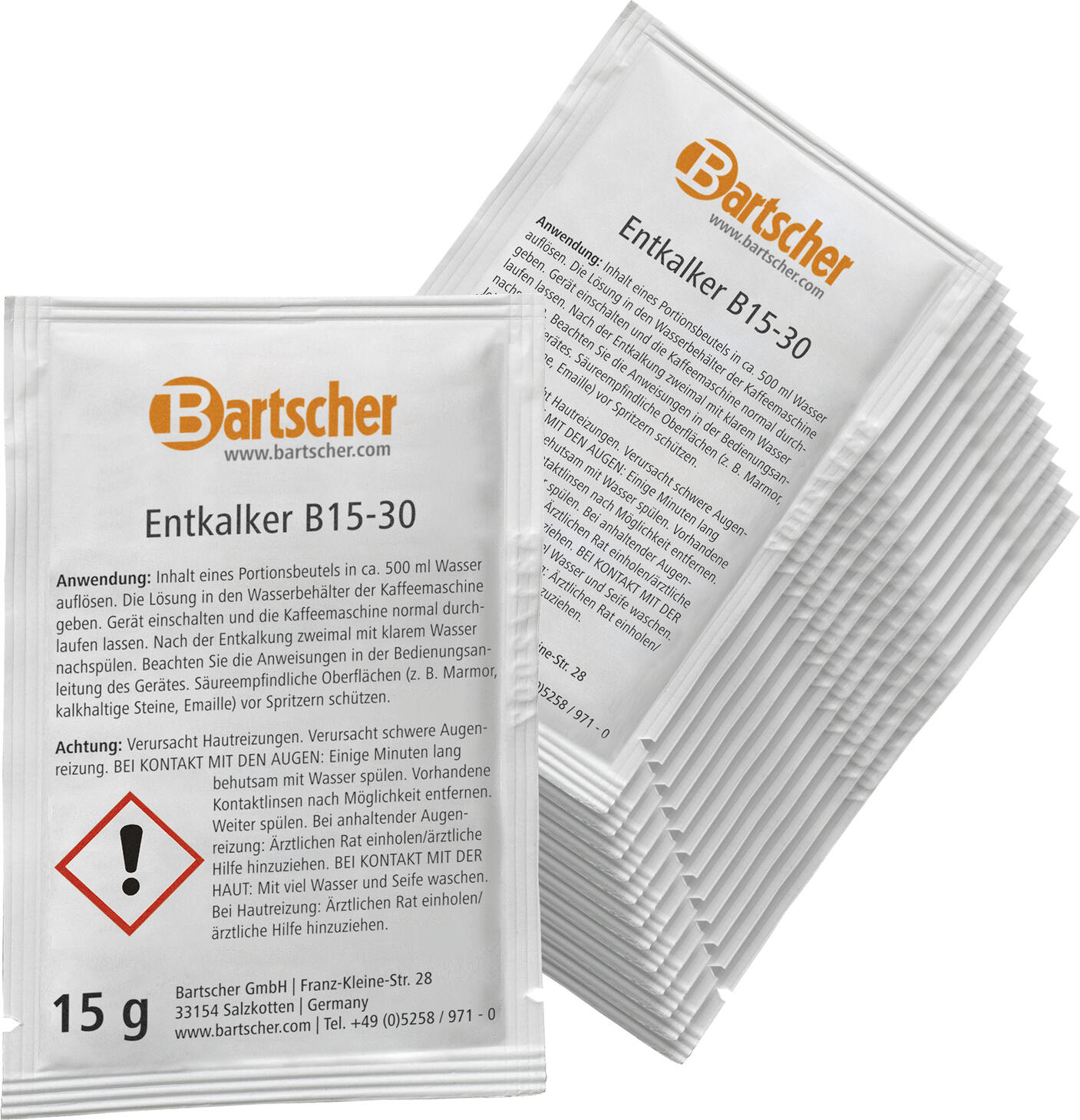 Bartscher B15-30 Detartrant Rapid pentru Aparate de Cafea, Pudra Concentrat, Plicuri de 15g, Conform HACCP, Alb