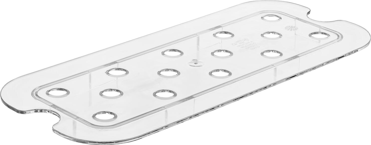 VEGA LUSINI Solutions GmbH GN draining rack 1/3 Trigno GN-Abtropfgitter 1/3 Trigno GN draining rack 1/3 Trigno; GN 1/3, 26.6x11.6 cm (LxW); transparent GN-Abtropfgitter 1/3 Trigno; GN 1/3, 26.6x11.6 cm (LxB); transparent GN draining grid 1/3 made of food safe Tritan (copolyester). Shockproof. Operating range from -40 °C to +90 °C. Without bisphenol-A. Suitable for dishwasher. GN-Abtropfgitter 1/3 aus lebensmittelechtem Tritan (Copolyester). Stoßfest. Einsatzbereich von -40 °C bis +90 °C. Ohne Bisphenol A. Spülmaschinengeeignet.