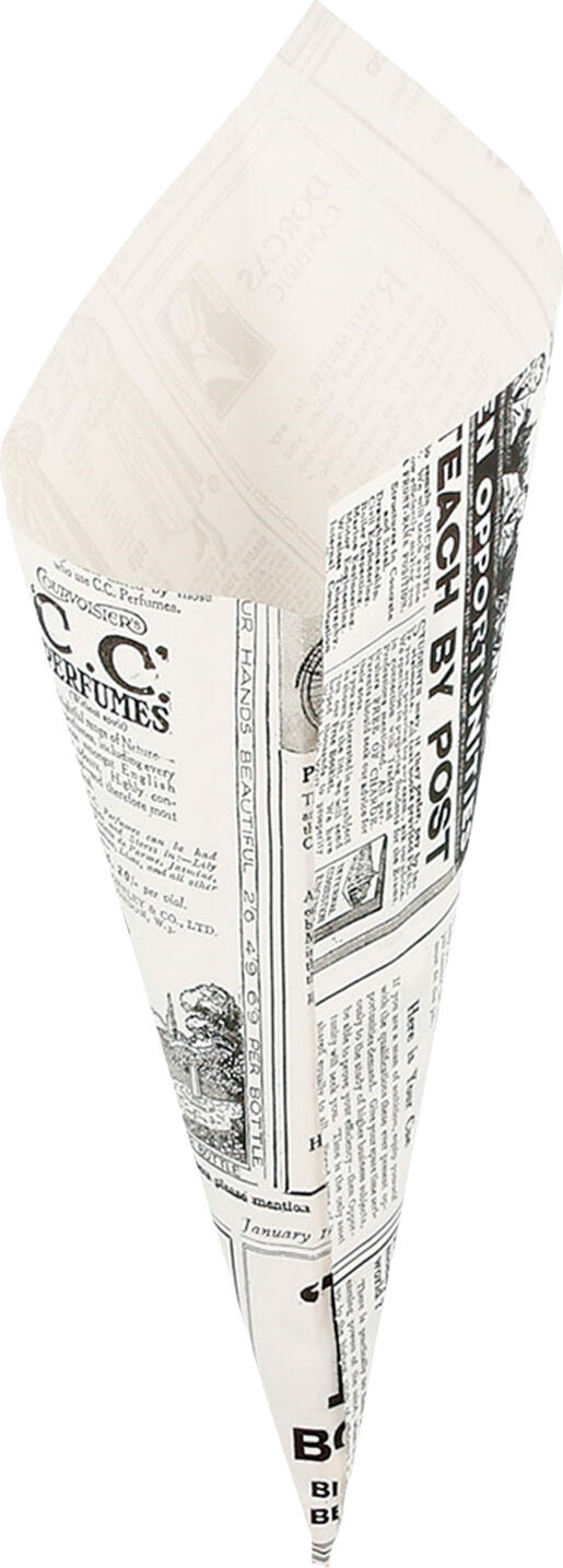 GARCIA DE POU Garcia De Pou, S.A. French fries bag News triangular Pommestüte News dreieckig French fries bag News triangular; 24x17 cm (LxW); black/white; triangular; 250 piece / pack Pommestüte News dreieckig; 24x17 cm (LxB); schwarz/weiß; dreieckig; 250 Stück / Pack Paper French fries bag. Biodegradable. Not suitable for the oven. Not suitable for microwave. Recyclable. Grease and oil repellent. Compostable. Pommestüte aus Papier. Biologisch abbaubar. Nicht für den Ofen geeignet. Nicht mikrowellengeeignet. Recycelbar. Fett- und ölabweisend. Kompostierbar.