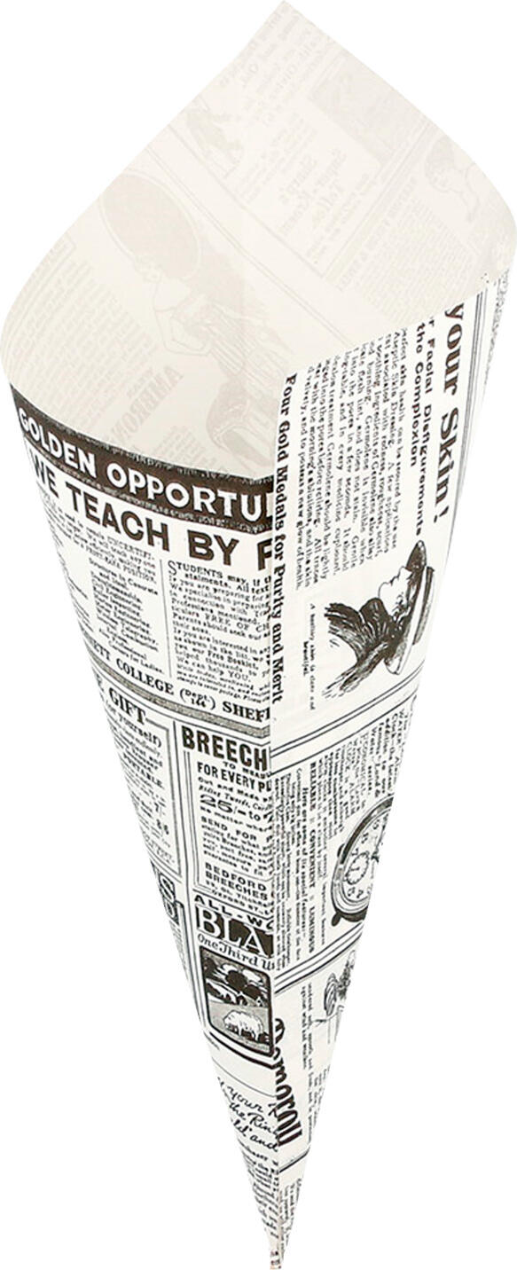 GARCIA DE POU Garcia De Pou, S.A. French fries bag News triangular Pommestüte News dreieckig French fries bag News triangular; 29.5x21 cm (LxW); black/white; triangular; 250 piece / pack Pommestüte News dreieckig; 29.5x21 cm (LxB); schwarz/weiß; dreieckig; 250 Stück / Pack Paper French fries bag. Biodegradable. Not suitable for the oven. Not suitable for microwave. Recyclable. Grease and oil repellent. Compostable. Pommestüte aus Papier. Biologisch abbaubar. Nicht für den Ofen geeignet. Nicht mikrowellengeeignet. Recycelbar. Fett- und ölabweisend. Kompostierbar.