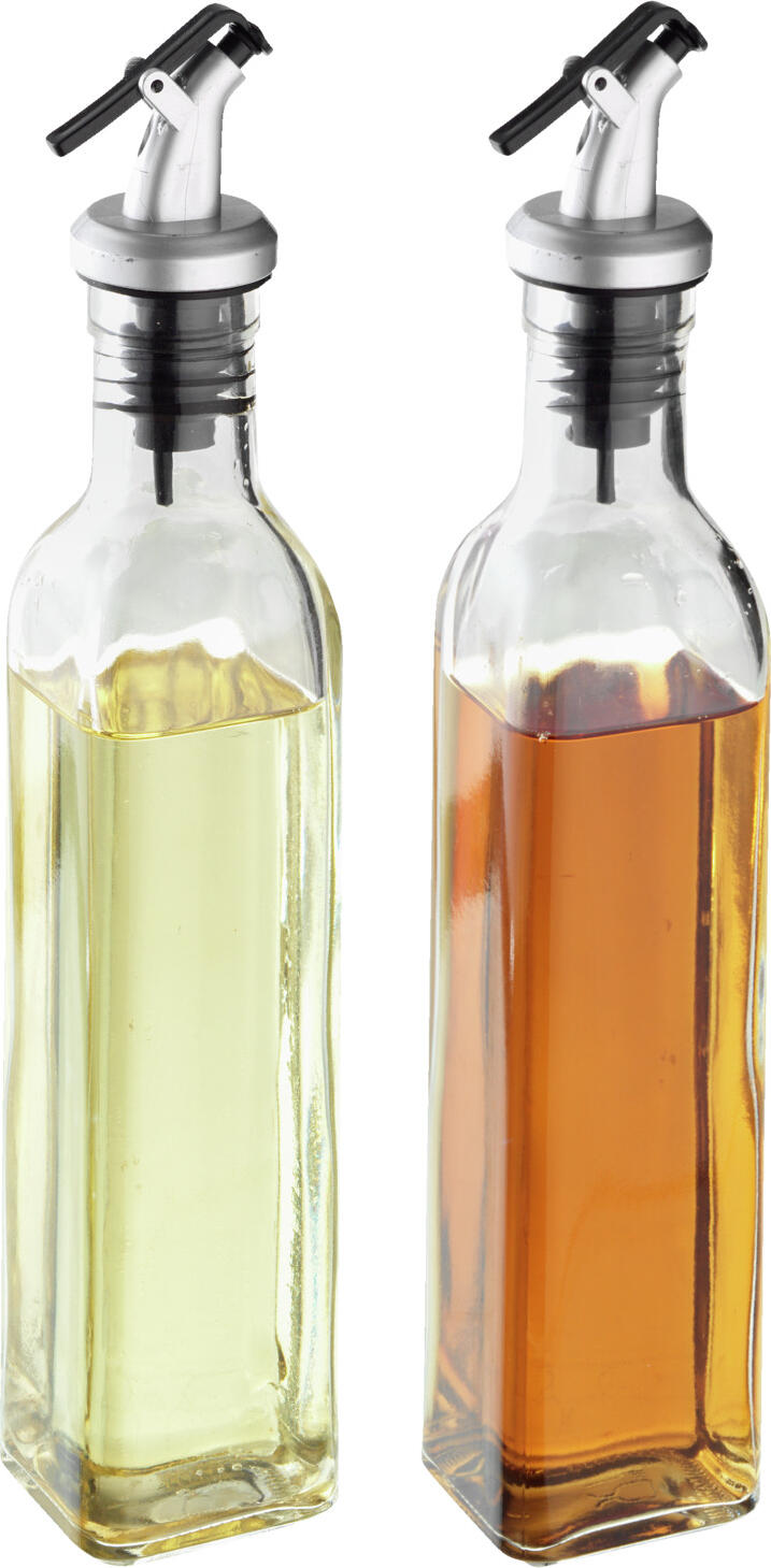 PULSIVA LUSINI Solutions GmbH Vinegar and oil dispensers Revue Essig- & Öl-Spender Revue Vinegar and oil dispensers Revue; 250 ml, 4.5x26x4.5 cm (WxHxD); transparent; 2 piece / pack Essig- & Öl-Spender Revue; 250 ml, 4.5x26x4.5 cm (BxHxT); transparent; 2 Stück / Pack Smart oil/vinegar bottle-shaped dispenser made of glass, cap closure made of plastic. Suitable for dishwasher. Öl-/Essig-Dispenser in Flaschenform aus Glas. Verschluss aus Kunststoff. Spülmaschinengeeignet.