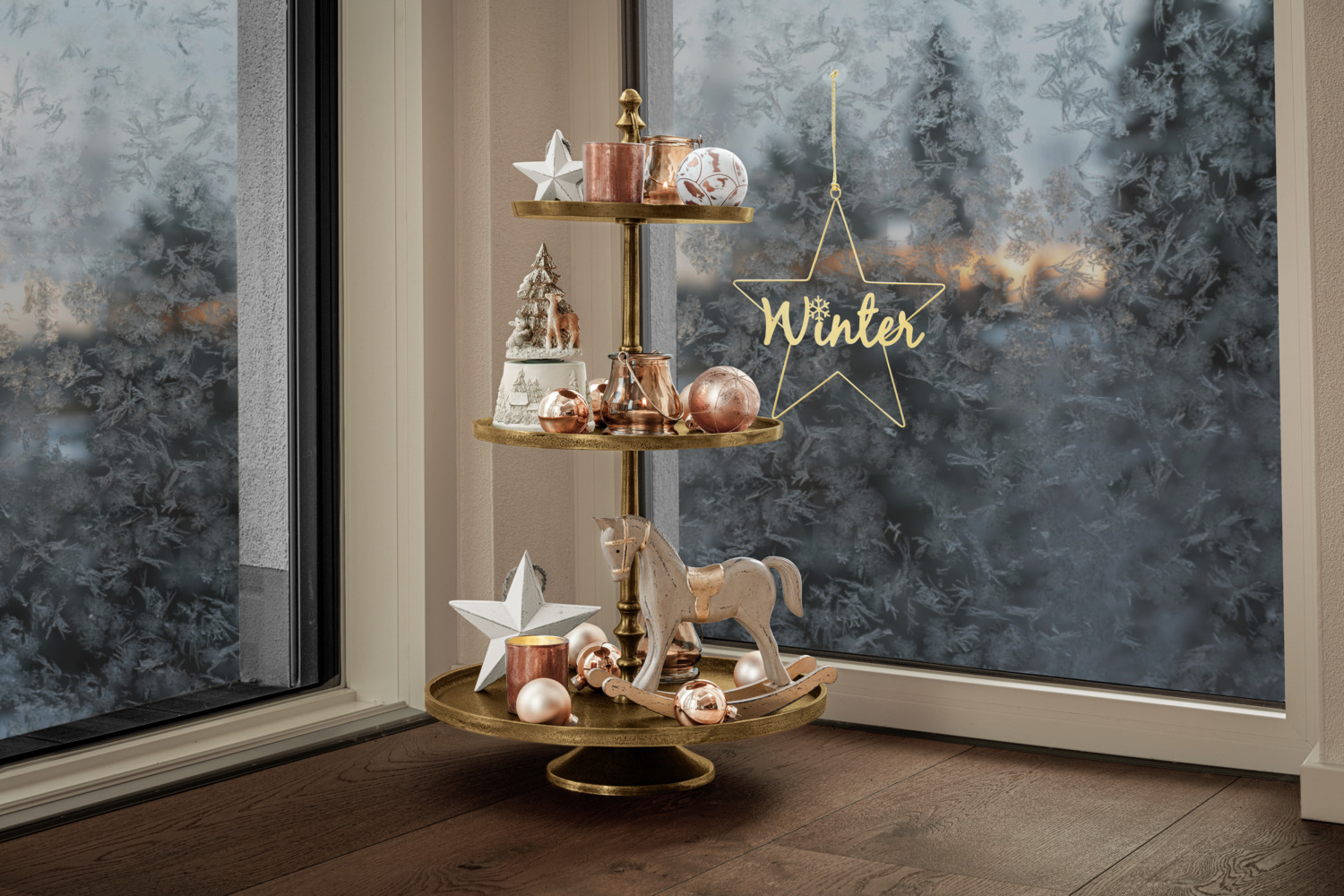 Vega Shiori Christmas Baubles, Glass Ornament Set of 6, 8 cm Diameter, White and Gold with Abstract Gold Patterns