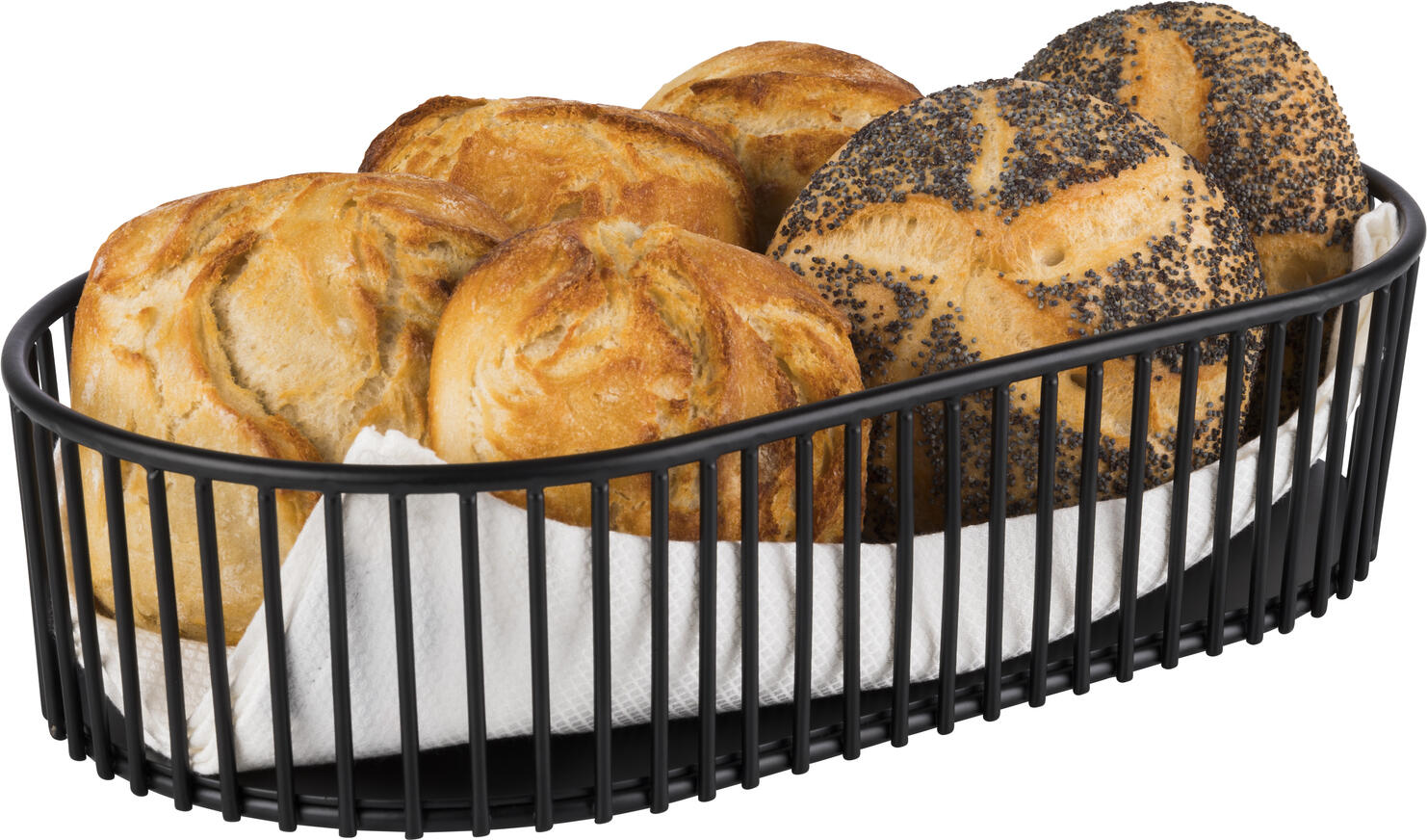 APS Urban Serving Basket, Powder-Coated Black Metal Wire Basket with Non-Slip Feet, Stackable Gastronomy Buffet Basket for Bread and Fruit, 29 x 16 x 7 cm