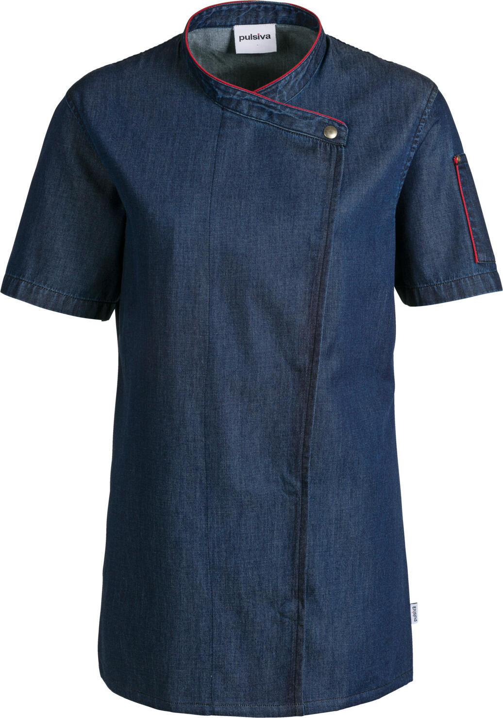 PULSIVA LUSINI Solutions GmbH Women's denim chef's jacket Celia short-sleeved Damen Jeans-Kochjacke Celia Kurzarm Women's denim chef's jacket Celia short-sleeved; Size 52; denim, Piping red Damen Jeans-Kochjacke Celia Kurzarm; Kleidergröße 52; denim, Paspelierung rot 100 % cotton. 190 g/m². 40 °C wash. Easy-care denim chef jacket with snap button fastening and pen pocket on the left upper arm. The pen pocket and collar have colored piping and there are eyelets under the arms. Available in half sleeves and long sleeves. Back length: 76.5 cm for size 36. 100 % Baumwolle. 190 g/m². 40°-Wäsche. Pflegeleichte Denim Kochjacke mit Druckknopfverschluss und Stifttasche am linken Oberarm. Stifttasche und Kragen sind farbig paspeliert, unter den Armen befinden sich Luftösen. In Halbarm und Langarm erhältlich. Rückenlänge: 76,5 cm in Gr 36
