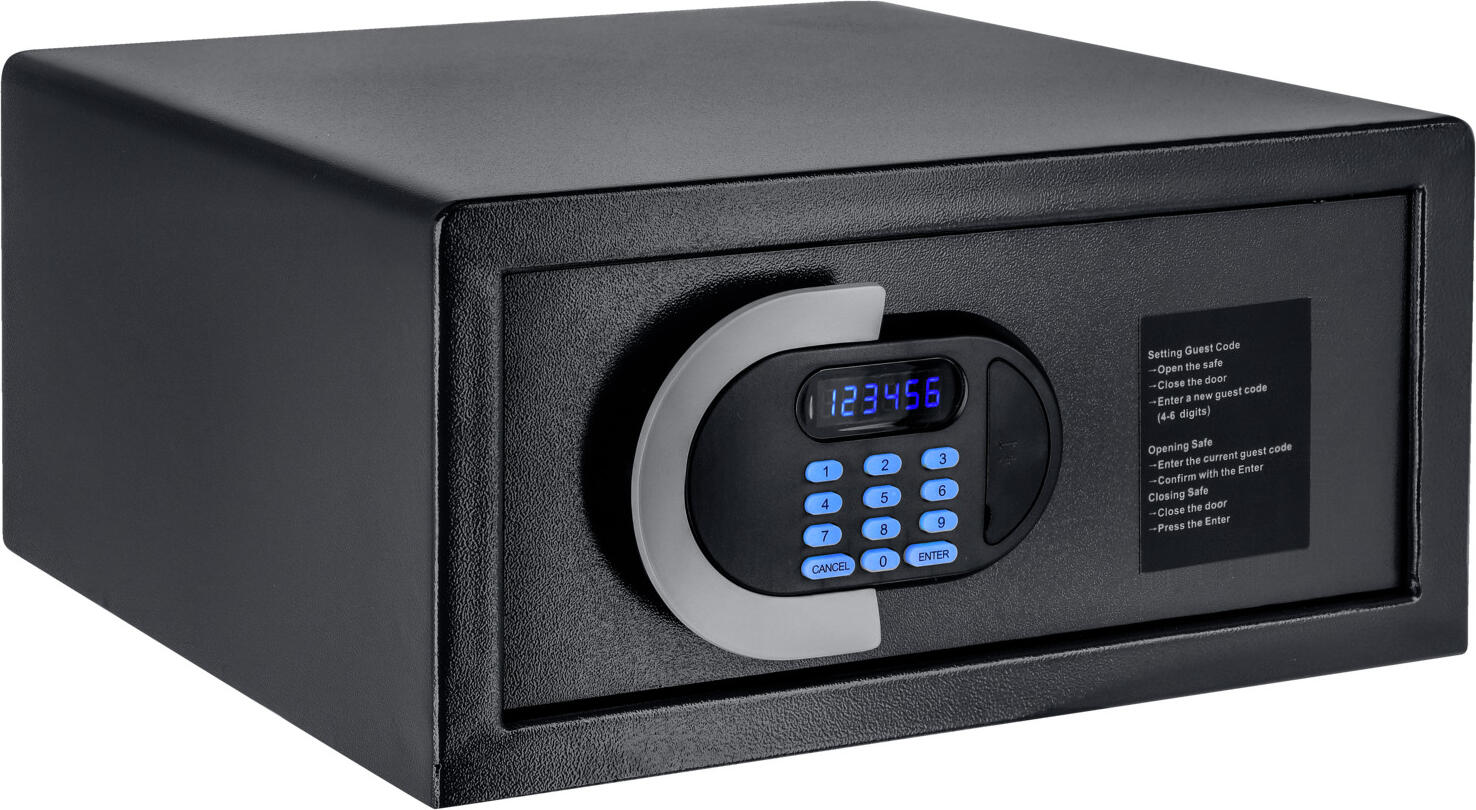 PULSIVA LUSINI Solutions GmbH Room safe Securo Medium Zimmersafe Securo Medium Room safe Securo Medium; 25 l, 40x19.6x42.4 cm (WxHxD); black Zimmersafe Securo Medium; 25 l, 40x19.6x42.4 cm (BxHxT); schwarz Practical, robust room safe made of hardened steel. Trouble-free operation and easy to use. The large display with LED makes it easy for guests to read the code and avoid incorrect entries. Two emergency keys and the master code are included in case of an emergency. The hotel room safe has bore holes on the base and rear panel and can be installed using the enclosed mounting accessories to secure the safe against theft. Battery powered (4x 6 V AA). Batteries not included. Funktionaler, robuster Zimmersafe aus gehärtetem Stahl. Störungsfreier Betrieb und einfache Bedienbarkeit. Auf dem großen Display mit LED kann der Gast seinen Geheimcode gut lesen und vermeidet Falscheingaben. Für Notfälle liegen zwei Notöffnungsschlüssel sowie der Mastercode bei. Der Hotelzimmersafe verfügt über Bohrlöcher am Boden und der Rückwand und kann mit dem beiliegenden Befestigungsmaterial diebstahlsicher montiert werden. Batteriebetrieben (4 x AA-6-V). Batterien im Lieferumfang nicht enthalten.