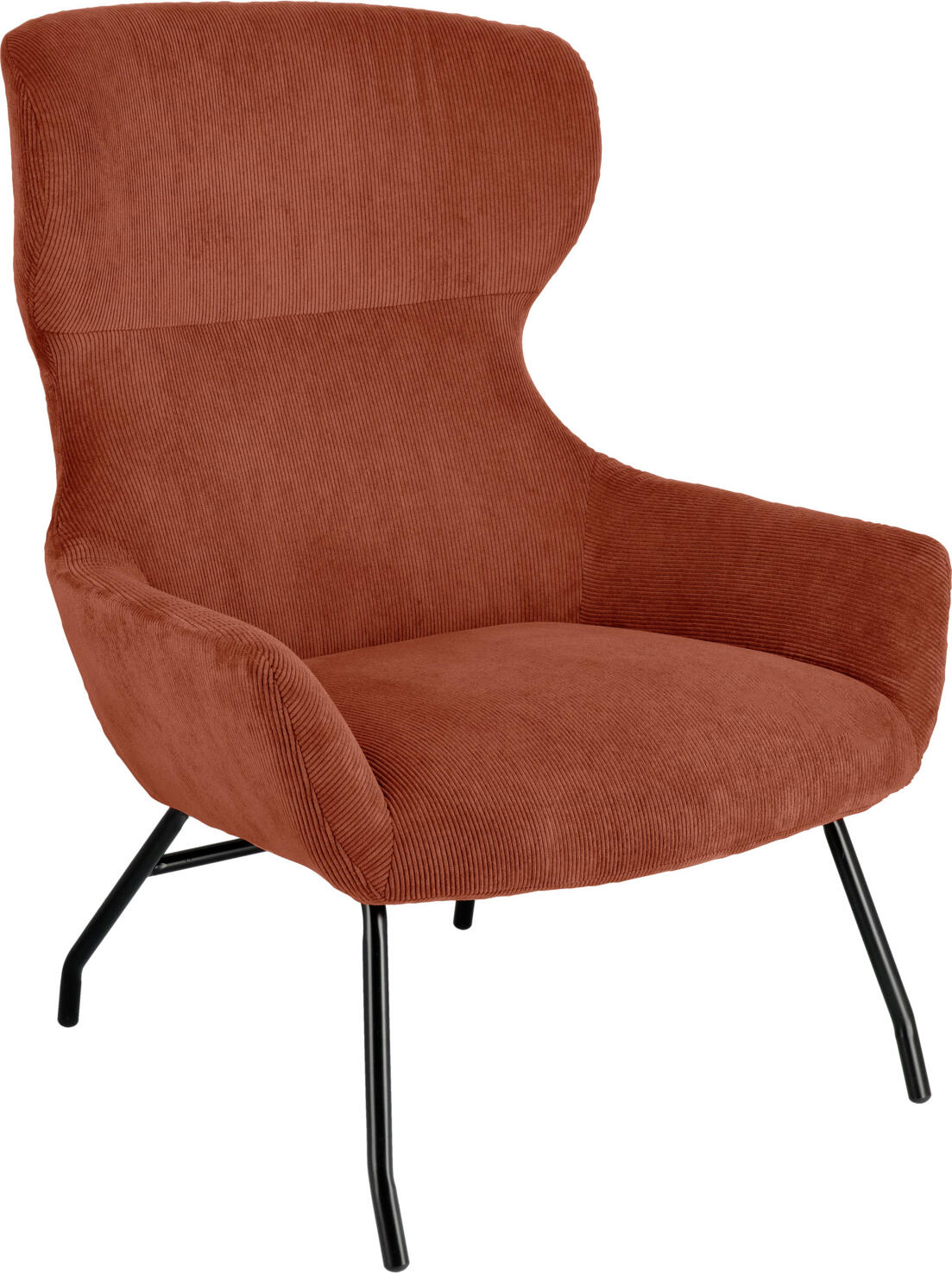 VEGA LUSINI Solutions GmbH Wing chair Malin Ohrensessel Malin Wing chair Malin; 75x77x103 cm (WxDxH); seat terracotta, base black Ohrensessel Malin; 75x77x103 cm (BxTxH); Sitz terrakotta, Gestell schwarz Elegant wing chair made of corduroy upholstery (92% polyester, 8% polyamide) and a powder-coated steel frame in a classic, slightly vintage-inspired look. Slightly slanted armrests for more seating comfort. Plastic glides included. Fire-retardant cover. Supplied disassembled, including assembly material. Suitable for indoor use only. Eleganter Ohrensessel aus Cordbezug (92 % Polyester, 8 % Polyamid) und einem pulverbeschichtetem Stahlgestell im klassischen, leicht vintage inspirierten Look. Leicht abgeschrägte Armlehnen für mehr Sitzkomfort. Inklusive Kunststoffgleiter. Feuerhemmender Bezug. Lieferung erfolgt zerlegt, inklusive Montagematerial. Nur für den Innenbereich geeignet.