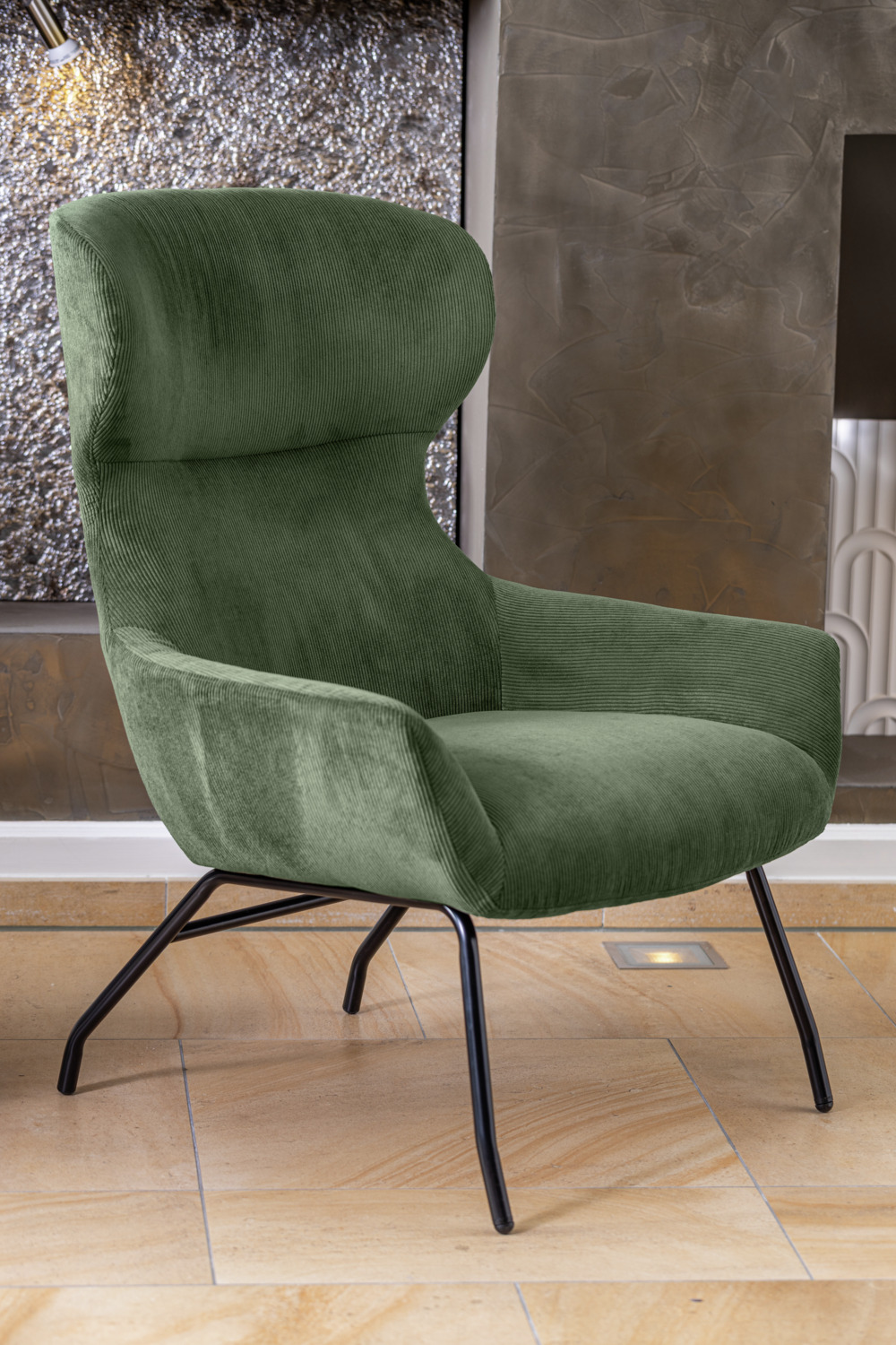 VEGA Malin Wing Chair, Green Corduroy Upholstery, Powder-Coated Steel Frame, Fire-Retardant, 75x77x103 cm, Vintage Style