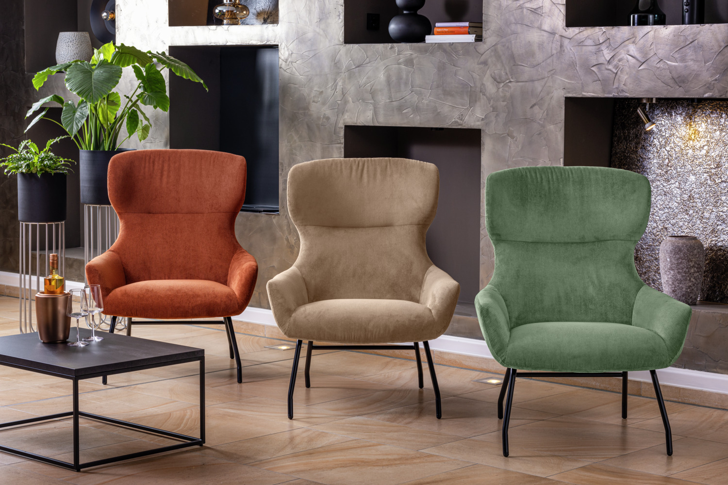 VEGA Malin Wing Chair, Green Corduroy Upholstery, Powder-Coated Steel Frame, Fire-Retardant, 75x77x103 cm, Vintage Style