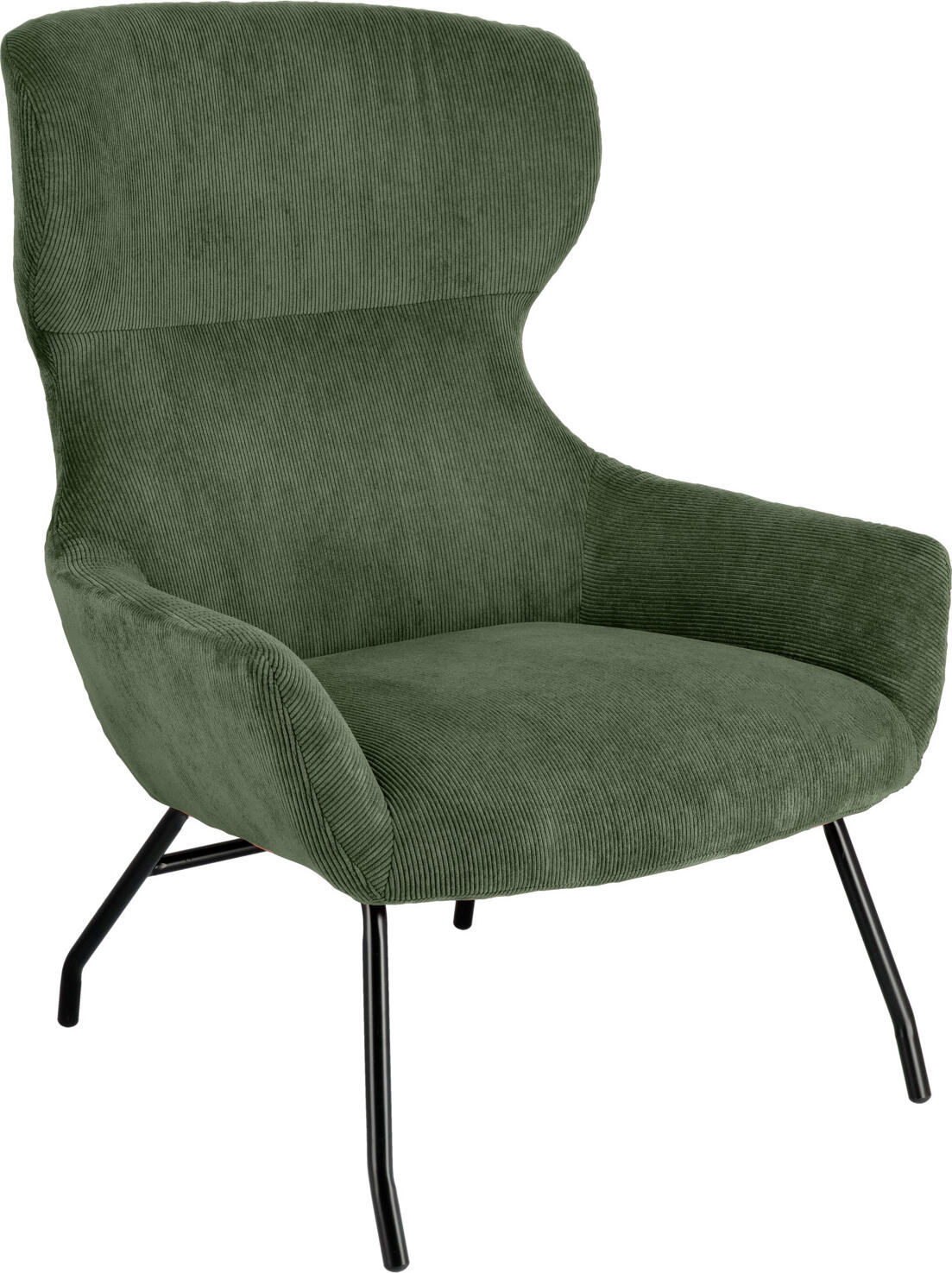 VEGA LUSINI Solutions GmbH Wing chair Malin Ohrensessel Malin Wing chair Malin; 75x77x103 cm (WxDxH); seat green, base black Ohrensessel Malin; 75x77x103 cm (BxTxH); Sitz grün, Gestell schwarz Elegant wing chair made of corduroy upholstery (92% polyester, 8% polyamide) and a powder-coated steel frame in a classic, slightly vintage-inspired look. Slightly slanted armrests for more seating comfort. Plastic glides included. Fire-retardant cover. Supplied disassembled, including assembly material. Suitable for indoor use only. Eleganter Ohrensessel aus Cordbezug (92 % Polyester, 8 % Polyamid) und einem pulverbeschichtetem Stahlgestell im klassischen, leicht vintage inspirierten Look. Leicht abgeschrägte Armlehnen für mehr Sitzkomfort. Inklusive Kunststoffgleiter. Feuerhemmender Bezug. Lieferung erfolgt zerlegt, inklusive Montagematerial. Nur für den Innenbereich geeignet.