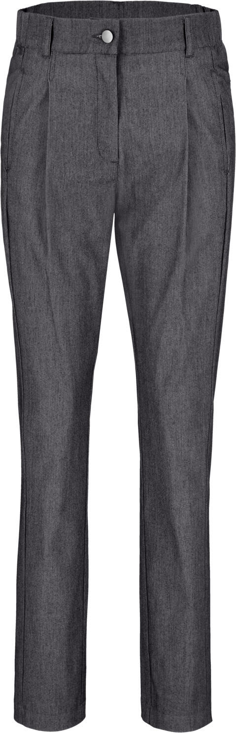 JOBELINE LUSINI Solutions GmbH Women's chef trousers Joggfit mottled Damen Kochhose Joggfit meliert Women's chef trousers Joggfit mottled; Size 48; grey mottled Damen Kochhose Joggfit meliert; Kleidergröße 48; grau meliert 51% cotton, 46% polyester, 3% elastane. 200 g/m². 60°C wash. Modern women’s chef’s trousers with pleats, made from a breathable and slightly stretchy technical fabric. Featuring a comfortable stretch waistband at the sides, two piped back pockets and side slit pockets. The waistband has belt loops and a classic button fastening. Comfortable rise with tapered legs. Inside leg length: 78 cm in size 36. 51 % Baumwolle, 46 % Polyester, 3 % Elasthan. 200 g/m². 60°-Wäsche. Moderne Kochhose mit Bundfalte für Damen aus einem atmungsaktivem und leicht elastischem Funktionsgewebe. Mit komfortablem Dehnbündchen an den Seiten, zwei paspelierten Gesäßtaschen und seitlichen Einschubtaschen. Der Bund hat Gürtelschlaufen und einen klassischen Knopfverschluss. Bequeme Leibhöhe mit schmal zulaufendem Bein. Innenbeinlänge: 78 cm in Gr. 36