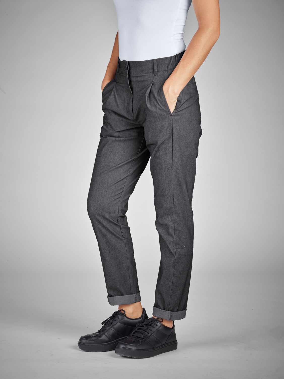 Jobeline Joggfit Women's Chef Trousers, Breathable Stretch Technical Fabric, Cotton Blend with Pleats and Tapered Legs, Grey Mottled, Size EU 40