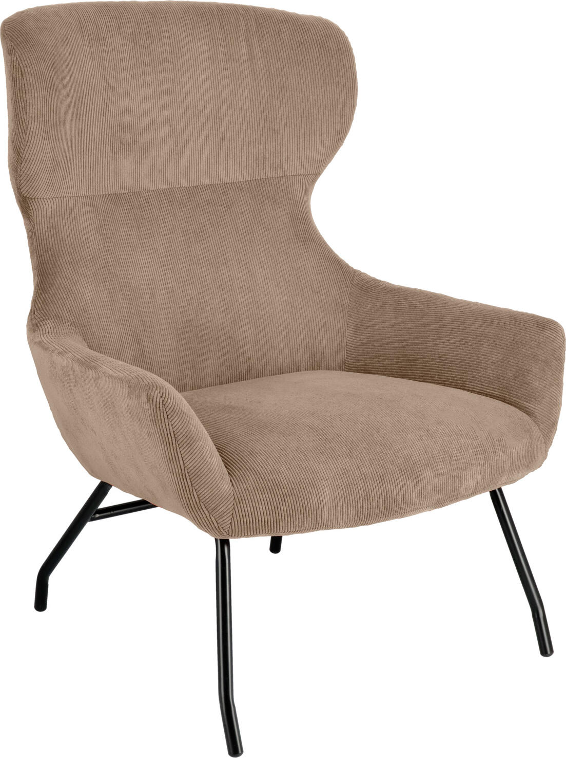 VEGA LUSINI Solutions GmbH Wing chair Malin Ohrensessel Malin Wing chair Malin; 75x77x103 cm (WxDxH); seat taupe, base black Ohrensessel Malin; 75x77x103 cm (BxTxH); Sitz taupe, Gestell schwarz Elegant wing chair made of corduroy upholstery (92% polyester, 8% polyamide) and a powder-coated steel frame in a classic, slightly vintage-inspired look. Slightly slanted armrests for more seating comfort. Plastic glides included. Fire-retardant cover. Supplied disassembled, including assembly material. Suitable for indoor use only. Eleganter Ohrensessel aus Cordbezug (92 % Polyester, 8 % Polyamid) und einem pulverbeschichtetem Stahlgestell im klassischen, leicht vintage inspirierten Look. Leicht abgeschrägte Armlehnen für mehr Sitzkomfort. Inklusive Kunststoffgleiter. Feuerhemmender Bezug. Lieferung erfolgt zerlegt, inklusive Montagematerial. Nur für den Innenbereich geeignet.