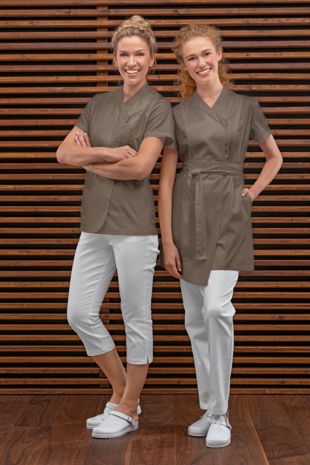 Jobeline Maila Women's Short-Sleeved Tunic, 65% Polyester 35% Cotton, Waisted Cut, Concealed Snap Button Placket, Two Front Pockets, Taupe, Size 50