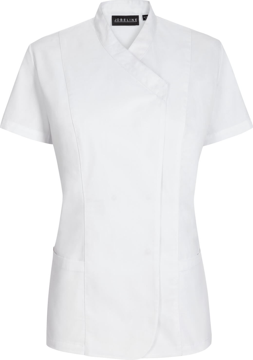 JOBELINE LUSINI Solutions GmbH Women's tunic Maila short-sleeved Damen Kasack Maila Kurzarm Women's tunic Maila short-sleeved; Size 42; white Damen Kasack Maila Kurzarm; Kleidergröße 42; weiß 65 % polyester, 35 % cotton. 60 °C wash. Short sleeved tunic with full-length concealed snap buttonplacket and two front pockets. With circumferential narrow piping at collar and hem. Ultra easy care. Waisted cut. Back length: 70 cm for size 36. 65 % Polyester, 35 % Baumwolle. 60°-Wäsche. Kasack für Damen mit kurzen Ärmeln, durchgehender verdeckter Druckknopfleiste und zwei aufgesetzten Taschen vorne. Mit umlaufender schmaler Paspel am Kragen und Saum. Besonders pflegeleicht. Tailliert geschnitten. Rückenlänge: 70 cm in Gr. 36