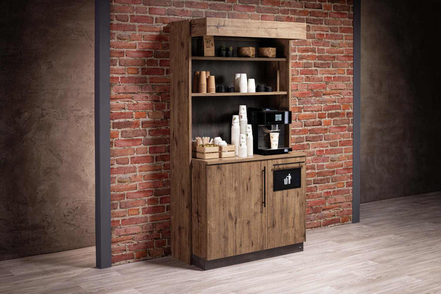 VEGA Baristo Classic Serving Station, Wood-based Panels, 115x62x216 cm, Integrated Waste Disposal, Adjustable Shelves, for Cafes and Restaurants