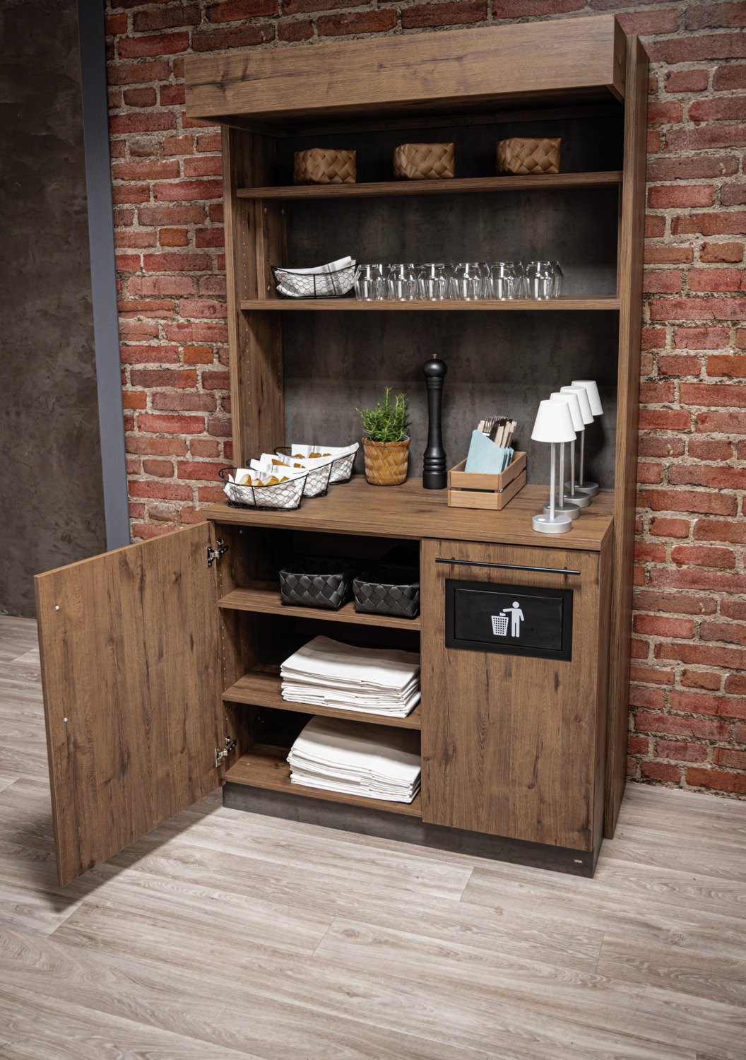 VEGA Baristo Classic Serving Station, Wood-based Panels, 115x62x216 cm, Integrated Waste Disposal, Adjustable Shelves, for Cafes and Restaurants