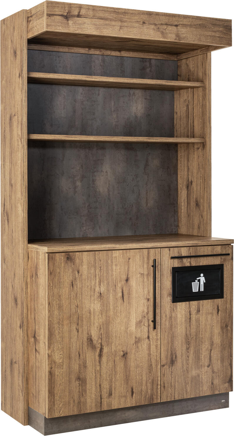 VEGA LUSINI Solutions GmbH Serving station Baristo Classic with waste system Servicestation Baristo Classic, mit Abfallsystem Serving station Baristo Classic with waste system; 115x62x216 cm (WxDxH); antique oak Servicestation Baristo Classic, mit Abfallsystem; 115x62x216 cm (BxTxH); eiche antik The Baristo Classic service station is the perfect piece of furniture for restaurants, cafés, bakeries or business areas, whether as a self-service coffee station or service point in everyday catering. There is space for professional coffee machines, cash register systems or menus and everything that needs to be within easy reach on the robust shelf. Maximum load of the work surface 80 kg. The Baristo Classic system consists of wood-based panels. * 2 different colour versions available * Hinged door with high-quality hinges and two height-adjustable shelves (max. load 25 kg per shelf) * Includes built-in waste disposal flap and integrated waste system * 20 litre waste bin capacity * Includes shelving system, framed by two wooden side panels * Shelving system can be used at different heights * Distance between shelving system 30 cm * Floor levelling feet * Back with decorative coating for free-standing placement in the room * Delivered partially assembled, base element already assembled * Assembly material included with the additional elements * Suitable for indoor use only Die Service-Station Baristo Classic ist das perfekte Mobiliar für Restaurant, Café, Bäckerei oder Businessbereich, ob als Self-Service Kaffeestation oder Servicepoint im Gastroalltag. Auf der robusten Ablagefläche finden Profi-Kaffeemaschinen, Kassensysteme oder Speisekarten Platz und alles, was schnell griffbereit sein soll. Maximale Belastung der Arbeitsfläche 80 kg. Das System Baristo Classic besteht aus Holzwerkstoffplatten. * 2 unterschiedliche Farbausführungen verfügbar * Drehtüre mit hochwertigen Topfbändern und zwei höhenverstellbare Fachböden (max. Belastung 25 kg pro Boden) * inklusive eingebaute Abfall-Abwurfklappe und integriertes Müllsystem * Fassungsvermögen Abfalleimer 20 Liter * inklusive Regalsystem, eingerahmt von zwei Holzwangen * Regalsystem in unterschiedlichen Höhen einsetzbar * Abstand Regalssytem 30 cm * bodenausgleichen Stellfüße * Rückseite mit dekorativen Beschichtung zum freien Stellen im Raum * wird teilmontiert geliefert, Basiselement bereits montiert * Montagematerial bei den Zusatzelementen enthalten * nur für den Innenbereich geeignet