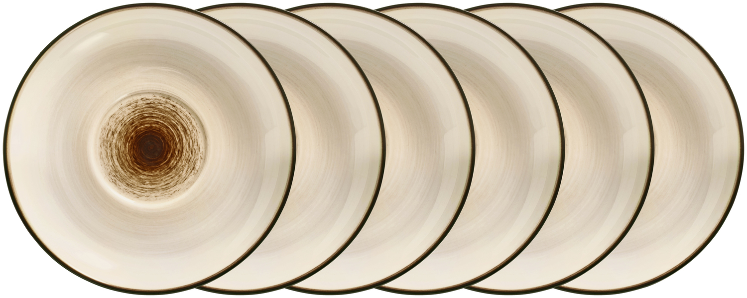 VEGA Limaro Coffee Saucers, Brown Colored Porcelain, 14 cm Diameter, Hand-Painted Snail Spiral Design, Dishwasher and Microwave Safe, Set of 6