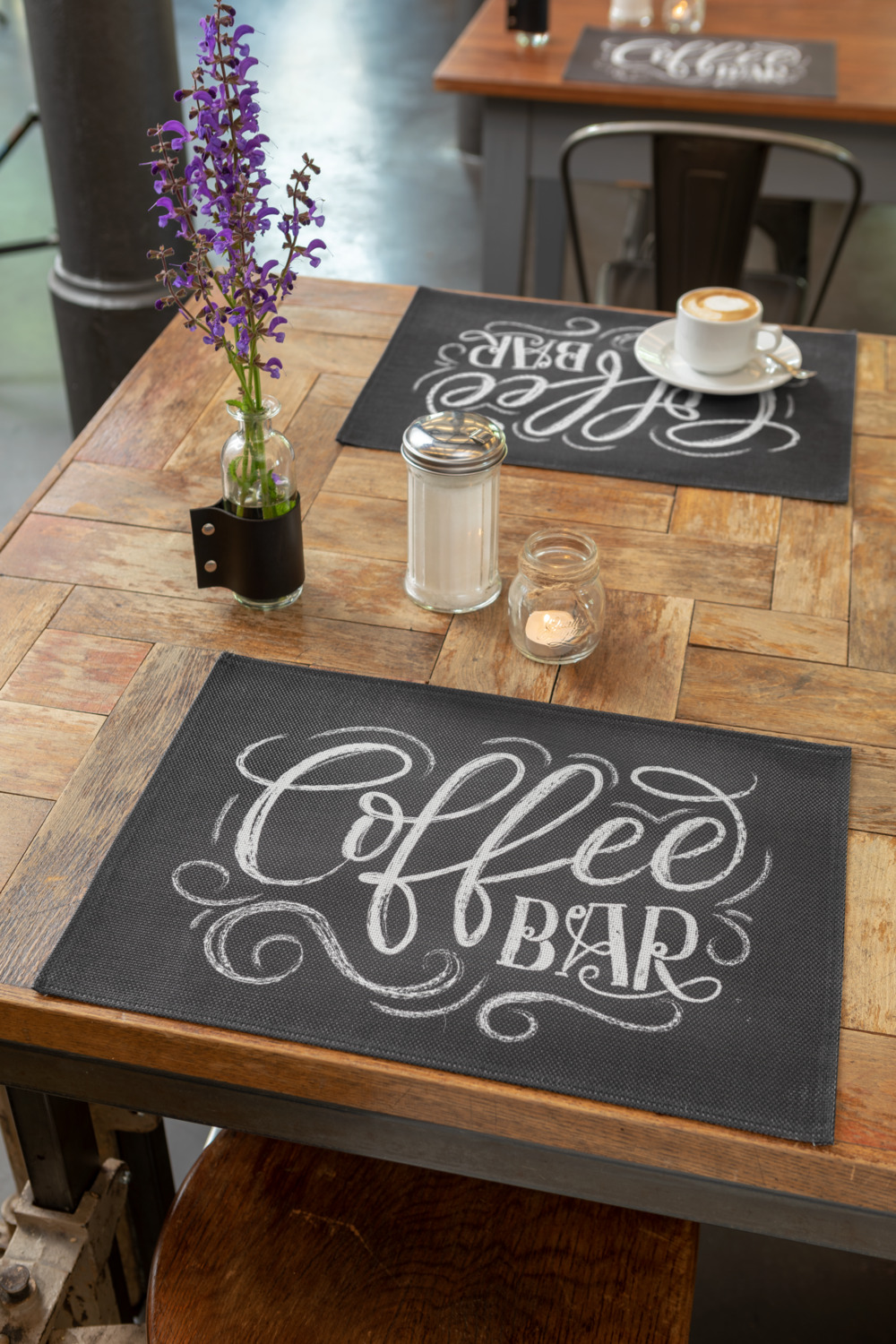 Set 4 Placeșuri ERWIN M. LUSINI Tenoris Coffee, 33 x 45 cm, Negru, PVC și Poliester, Imprimare Digitală Vintage Coffee BAR, Margine Cusută