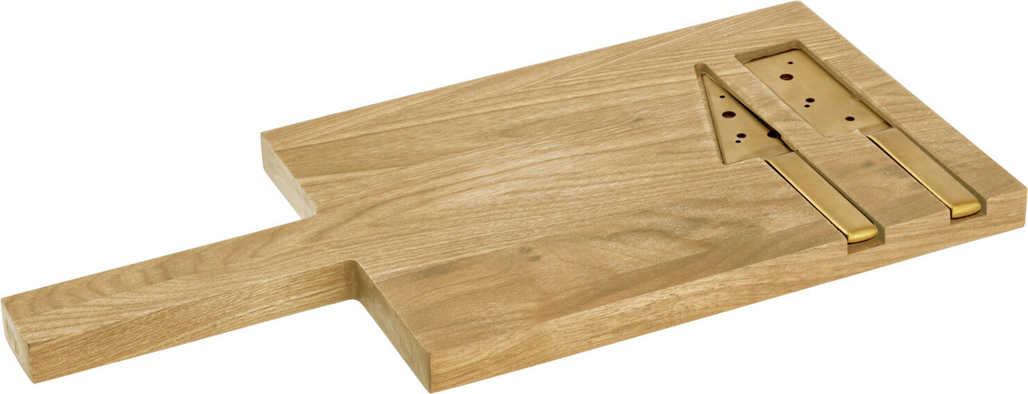 VEGA LUSINI Solutions GmbH Cheese board Enza with a set of knives Käsebrett Enza mit Messer-Set Cheese board Enza with a set of knives; 42x19.8x2 cm (LxWxH); oak; rectangular Käsebrett Enza mit Messer-Set; 42x19.8x2 cm (LxBxH); eiche; rechteckig Cheese board made of oiled walnut or oak wood with handle and integrated cheese knives. The cheese knives are made of 18/10 stainless steel with a gold coating and are suitable for dishwasher. They are held in place with a magnet. The cheese board is not suitable for dishwasher. Food safe. Can be personalized on request. Käsebrett aus geöltem Nussbaum- oder Eichenholz mit Griff und integrierten Käsemessern. Die Käsemesser sind aus 18/10 Edelstahl mit Gold beschichtet und spülmaschinengeeignet. Diese werden mit einem Magneten gehalten. Das Käsebrett ist nicht spülmaschinengeeignet. Lebensmittelecht. Auf Wunsch personalisierbar.