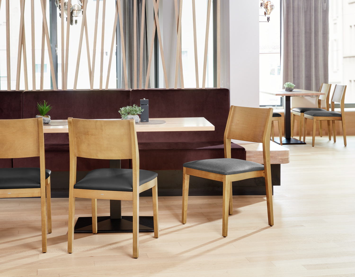 VEGA Stak Stacking Chair, Beech Wood Frame, Imitation Leather Seat, Black and Light-brown, 48x51x86 cm, Stackable up to 5, Indoor Use
