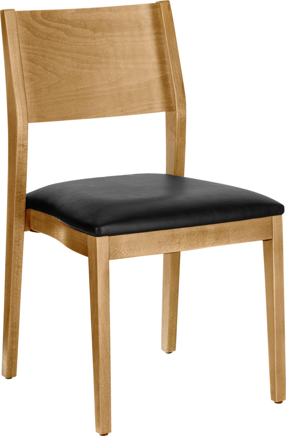 VEGA LUSINI Solutions GmbH Stacking chair Stak imitation leather Stapelstuhl Stak Kunstleder Stacking chair Stak imitation leather; 48x51x86 cm (WxDxH); seat black, base light-brown; 2 piece / pack Stapelstuhl Stak Kunstleder; 48x51x86 cm (BxTxH); Sitz schwarz, Gestell hellbraun; 2 Stück / Pack Ergonomically shaped upholstered chair made of a beech frame, stained and lacquered. Seat made of imitation leather. Stackable up to five chairs. Stacking protection attached to the bottom. For indoor use only. Supplied assembled. Includes floor-protecting glides. Ergonomisch geformter Polsterstuhl aus einem Buchengestell, gebeizt und lackiert. Sitzfläche aus Kunstleder. Stapelbar bis zu fünf Stühlen. Stapelschutz an der Unterseite angebracht. Nur für den Innenbereich. Montiert geliefert. Inklusive bodenschonender Gleiter.