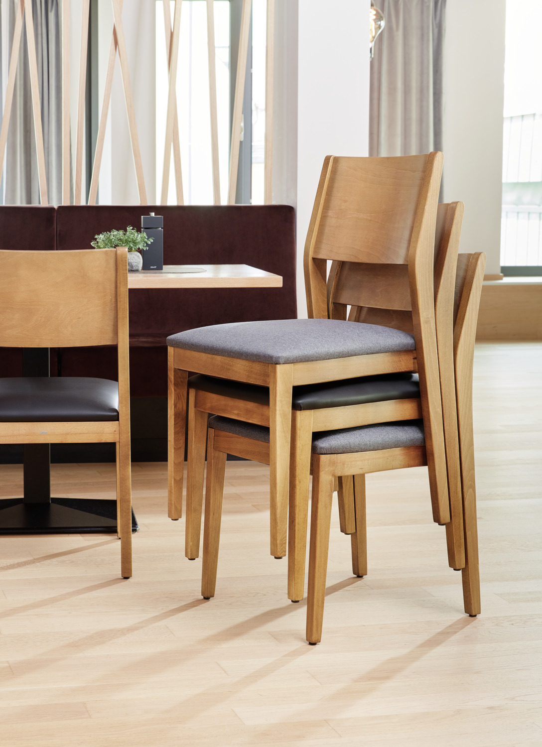 VEGA Stak Stacking Chair, Beech Wood Frame, Imitation Leather Seat, Black and Light-brown, 48x51x86 cm, Stackable up to 5, Indoor Use