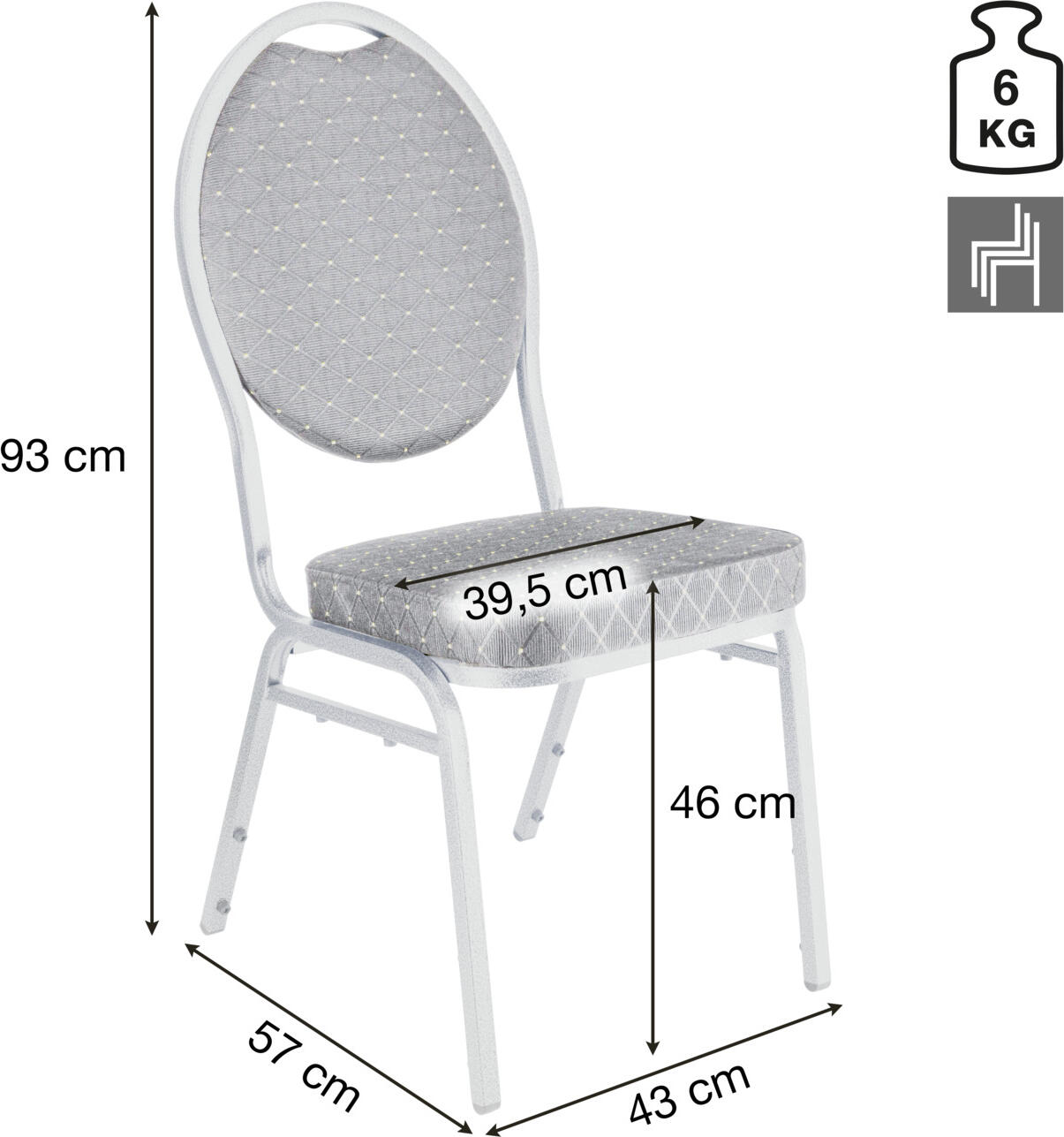 PULSIVA Event Banquet Chair, Powder-Coated Steel Frame, Hammer Finish, Black Polyester Upholstery, Stackable, EN 1021-2 Fire-Insulating, 43x57x93 cm