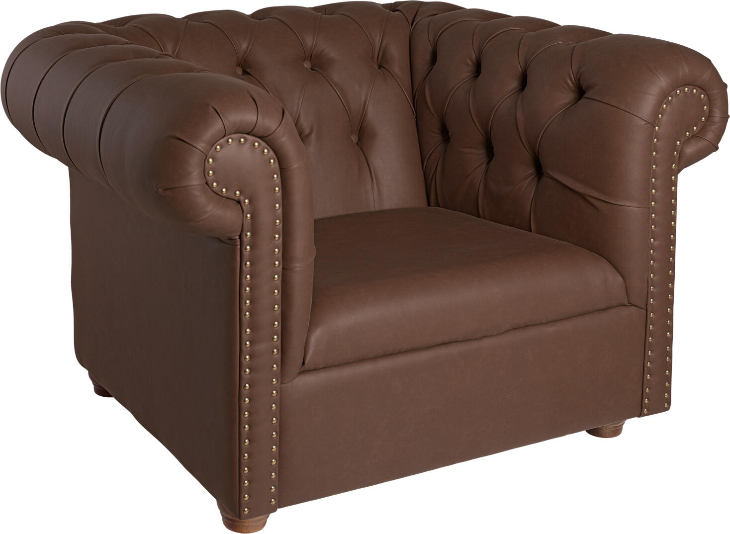 VEGA LUSINI Solutions GmbH Armchair Chesterfield incl. feet Sessel Chesterfield inkl. Füßen Armchair Chesterfield incl. feet; 114x97x72.5 cm (WxDxH); seat brown, base brown Sessel Chesterfield inkl. Füßen; 114x97x72.5 cm (BxTxH); Sitz braun, Gestell braun Classic armchair made of sturdy imitation leather with handmade button pulls and wooden legs made of beech wood. Generous seat and a rivet decoration on the front. High seating comfort due to the high quality upholstery. Fire retardant cover. Plastic glides included. Only suitable for indoor use. Please order matching sofa at the same time. Klassischer Sessel aus robustem Kunstleder mit handgefertigten Knopfeinzügen und Holzbeinen aus Buchenholz. Großzügige Sitzfläche und eine Nietenverzierung an der Vorderseite. Hoher Sitzkomfort durch die hochwertige Polsterung. Feuerhemmender Bezug. Inklusive Kunststoffgleiter. Nur für den Innenbereich geeignet. Passendes Sofa gleich mitbestellen.