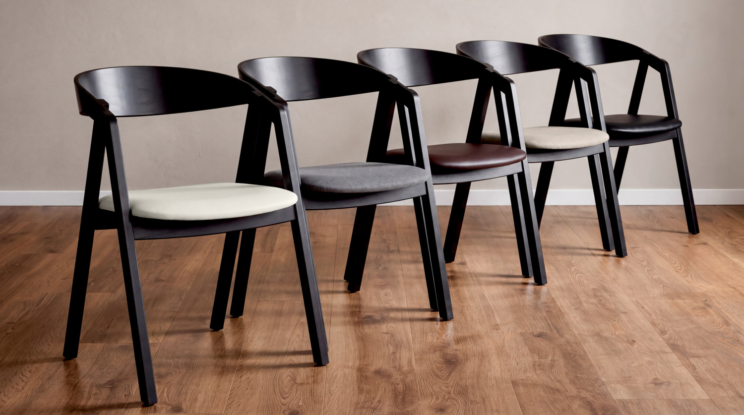 VEGA Calma Stackable Catering Chair, Solid Beech Wood Frame Black Lacquered, Brown Imitation Leather Seat, Ergonomic Backrest, 54x53x79 cm