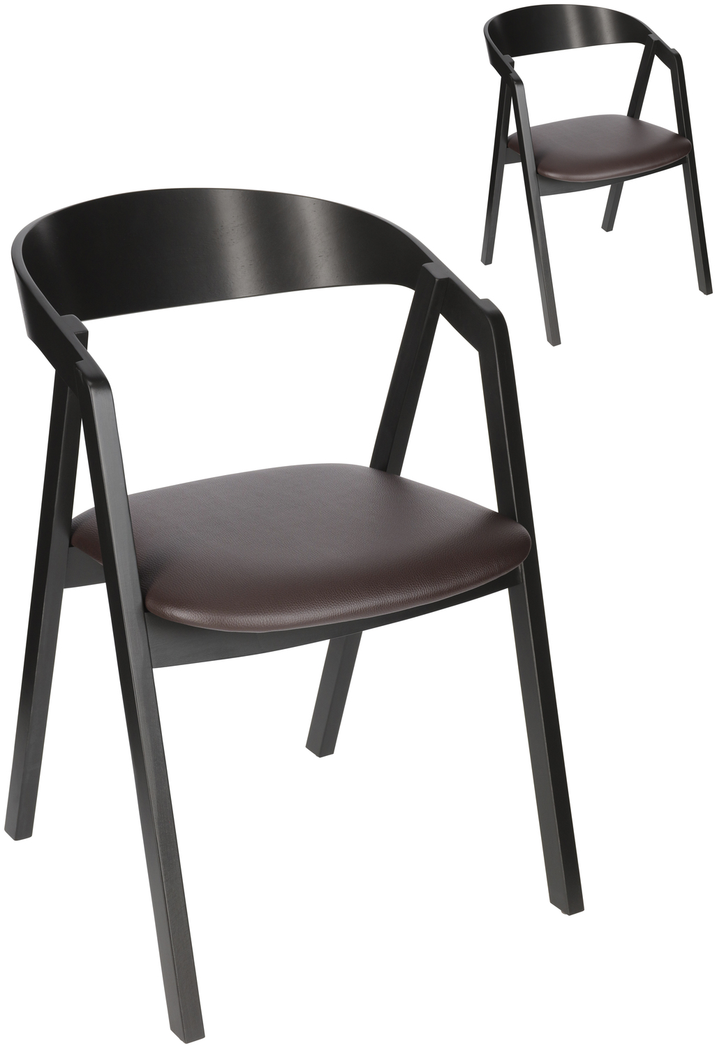 VEGA Calma Stackable Catering Chair, Solid Beech Wood Frame Black Lacquered, Brown Imitation Leather Seat, Ergonomic Backrest, 54x53x79 cm