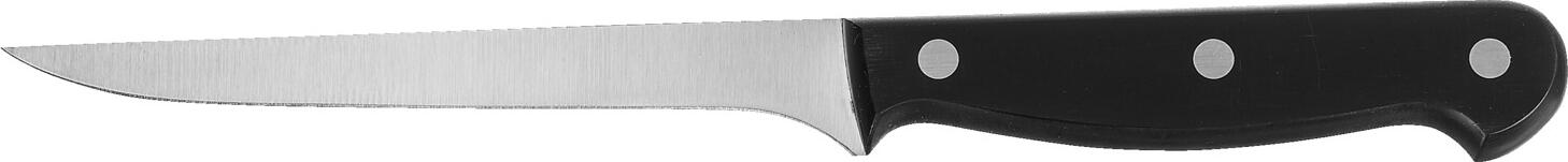 PULSIVA LUSINI Solutions GmbH Boning knife POM Ausbeinmesser POM Boning knife POM; Blade length 15 cm, 27 cm (L); black Ausbeinmesser POM; Klingenlänge 15 cm, 27 cm (L); schwarz Extremely sharp professional boning knife with blade made of corrosion-resistant chrome-molybdenum-vanadium steel in the alloy X50CrMoV15 and handle made of POM plastic (polyoxymethylene) - 3-fold riveted. Long-lasting sharpness guaranteed. Blade length 15cm, total length 27cm. Ergonomically shaped handle with a good weight balance between handle and blade for comfortable handling. Extrem scharfes Profi-Ausbeinmesser mit Klinge aus korrosionsbeständigem Chrom-Molybdän-Vanadium Stahl in der Legierung X50CrMoV15 und Griff aus POM Kunststoff (Polyoxymethylen) - dreifach genietet. Langanhaltende Schärfe garantiert. Klingenlänge 15 cm, Gesamtlänge 27 cm. Ergonomisch geformter Griff mit einer guten Gewichts-Balance zwischen Griff und Klinge für eine komfortable Handhabung.