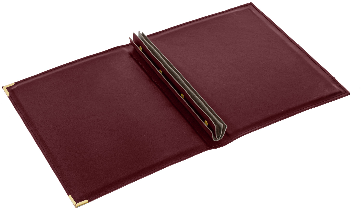 Folder Meniu Pulsiva Aragon, Bordeaux, DIN A4 25.5 x 33 cm, Coperta Meniu din Piele Ecologică cu Text Embosat Auriu și Colțuri Metalice, Legare cu Șuruburi