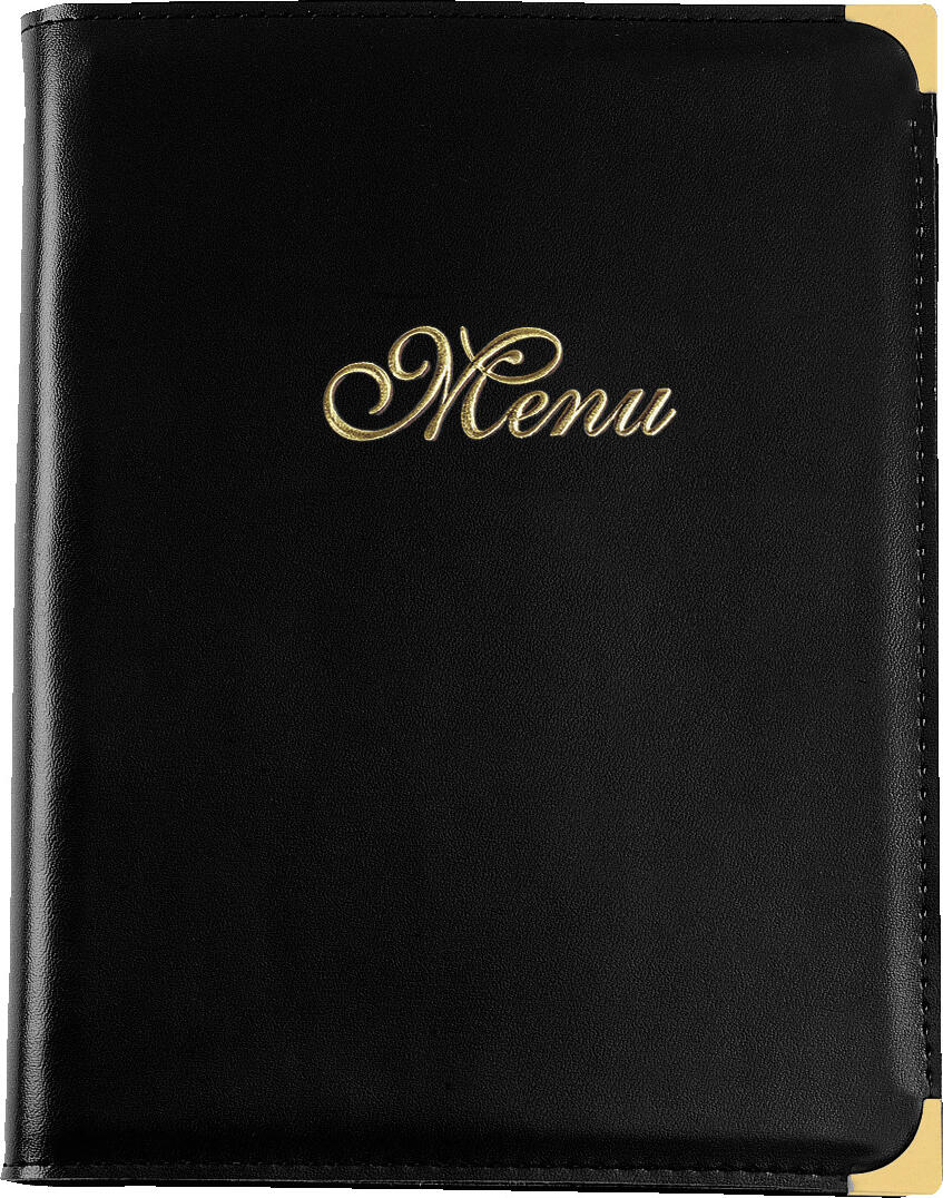 PULSIVA LUSINI Solutions GmbH Menu Aragon Speisekarte Aragon Menu Aragon; A4, 25.5x33 cm (WxH); black Speisekarte Aragon; DIN A4, 25.5x33 cm (BxH); schwarz Menu in fold-out book form made of smooth imitation leather with embossing "Menu" in decorative font. With metal edge protector and internal book screws. Insertion system with transparent sheets and matching insert sheets available separately. Moisture and dirt resistant. Speisekarte in aufklappbarer Buchform aus glattem Kunstleder mit Prägung „Menu“ in dekorativer Schriftart. Mit Kantenschutz aus Metall und innenliegenden Buchschrauben. Einschubsystem mit Transparentfolien und passende Einlegeblätter separat erhältlich. Feuchtigkeits- und schmutzabweisend.