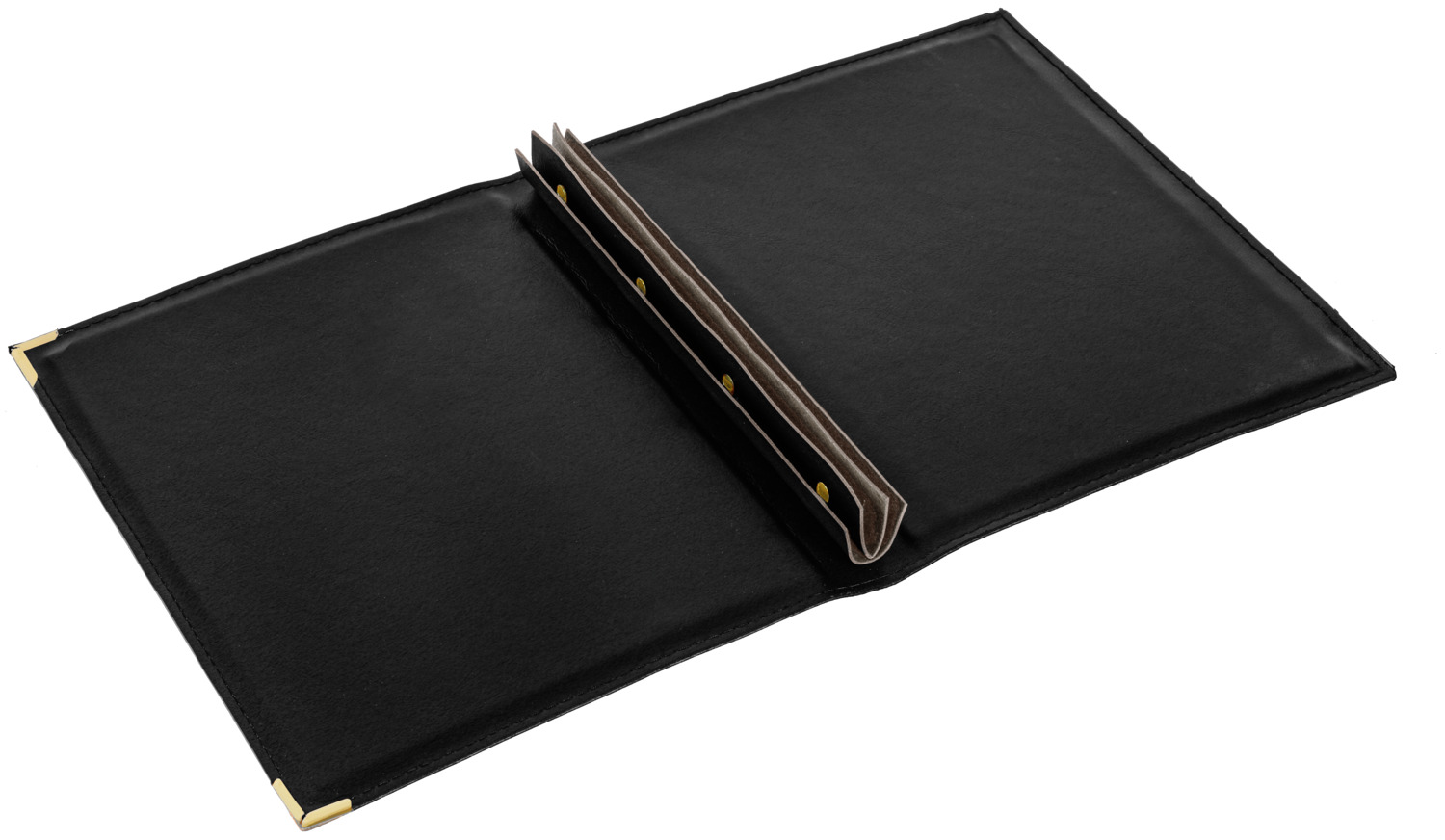 Pulsiva Aragon Menu Folder, Black, DIN A4 25.5 x 33 cm, Faux Leather Menu Cover with Gold Embossed Text and Metal Corner Protectors, Screw Binding