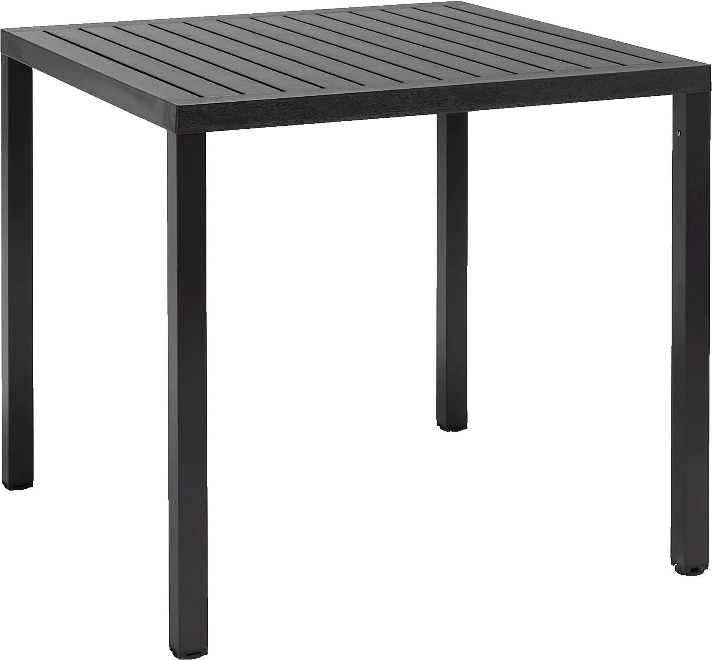 Nardi Table Cube square Tisch Cube quadratisch Table Cube square; 80x80x75.5 cm (LxWxH); anthracite; square Tisch Cube quadratisch; 80x80x75.5 cm (LxBxH); anthrazit; quadratisch Plastic table with square table top made of DurelTop, suitable for commercial use. This is a newly developed system for producing table tops with maximum functionality, durability and elegance. The special aluminum frame makes the table extremely stable and robust. The legs are made of painted aluminum and have a square cross section. Height-adjustable feet. Recyclable plastic. Für die gewerbliche Nutzung geeigneter Kunststofftisch mit quadratischer Tischplatte aus DurelTop. Das ist ein neu entwickeltes System für die Produktion von Tischplatten, um ein Höchstmaß an Funktionalität, Widerstandsfähigkeit und Eleganz zu erreichen. Das spezielle Gestell aus Aluminium macht den Tisch besonders stabil und robust. Beine aus lackiertem Aluminium mit quadratischem Querschnitt. Höhenverstellbare Füße. Recyclebarer Kunststoff.