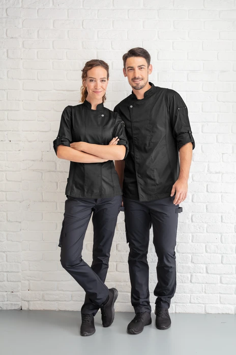 Jobeline Carter Men's Chef Jacket, Long-Sleeved Polyester Cotton Blend, Breathable Mesh Inserts, Roll-up Sleeves, OEKO-TEX Standard 100, 23.HDE.44540