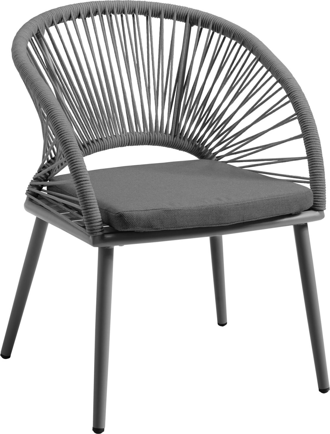 VEGA LUSINI Solutions GmbH Outdoor chair Alcamo Outdoor Stuhl Alcamo Outdoor chair Alcamo; 58x64x82 cm (WxDxH); anthracite; 2 piece / pack Outdoor Stuhl Alcamo; 58x64x82 cm (BxTxH); anthrazit; 2 Stück / Pack Elegant and shapely outdoor chair made of powder-coated aluminum frame and Rope wicker (98 % polypropylene, 2 % polyester). Fan-shaped arrangement of the Rope wicker. Includes seat cushion made of Olefin fabric (100 % polypropylene), removable and washable at 30 °C. Height of the seat cushion 5 cm. Suitable for outdoor use. Delivery is disassembled, mounting hardware included. Matching back cushion or armchair can be ordered at the same time. Eleganter und formschöner Outdoorstuhl aus pulverbeschichtetem Aluminiumgestell und Ropegeflecht (98% Polypropylen, 2% Polyester). Fächerförmige Anordnung des Ropegeflechts. Inklusive Sitzkissen aus Olefinstoff (100% Polypropylen), abziehbar und bei 30° waschbar. Höhe des Sitzkissens 5 cm. Für den Außenbereich geeignet. Lieferung erfolgt zerlegt, Befestigungsmaterial inklusive. Passendes Rückenkissen oder Sessel gleich mitbestellen.