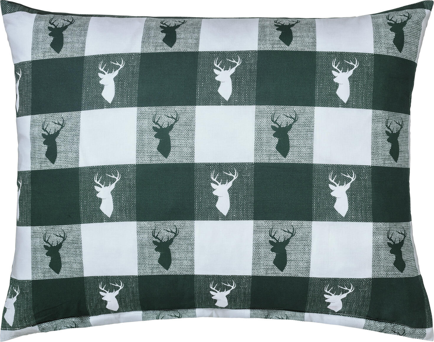 ERWIN M. LUSINI Villach Pillow Cover, 40 x 80 cm, 100% Cotton Percale, Checked Pattern with Alpine Deer Silhouettes, Dark-green and White, Zipper Closure