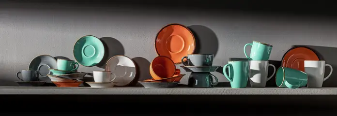 VEGA Sidina Espresso Cup Set of 6, 80ml Porcelain Coffee Cups, Grey Speckled with Brown Rim, Dishwasher and Microwave Safe, Professional Catering