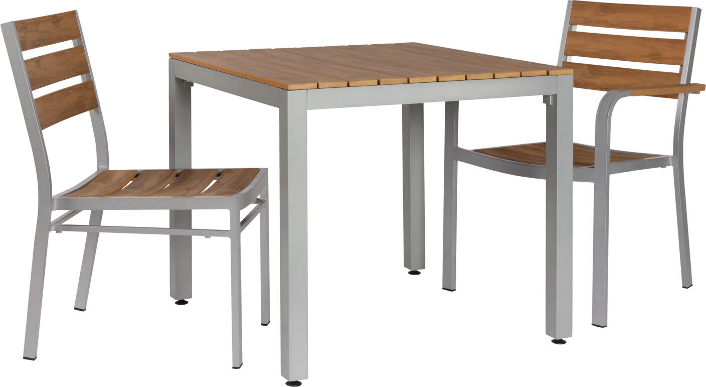 Masa exterior PULSIVA Resistance, Rectangulara cu lamele de plastic aspect teak, cadru aluminiu vopsit electrostatic, 80x80x73 cm, Maro si Gri
