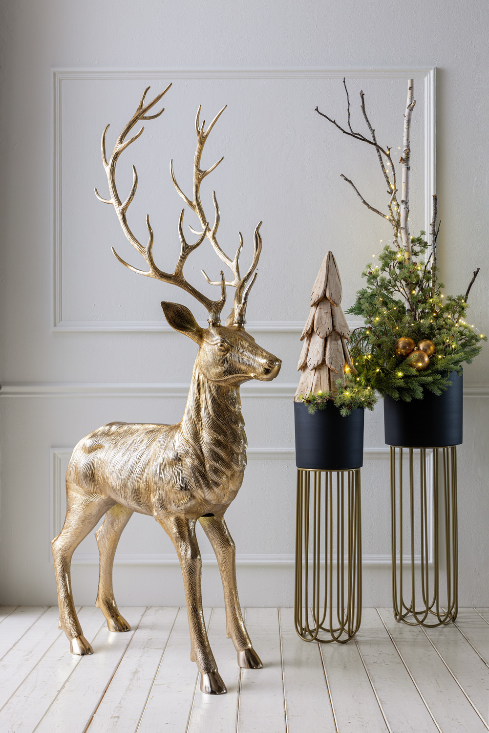 LUSINI Paulos Indoor Plant Pot Set with Integrated Stands, Black/Gold, 2-Piece Planter Set, 82cm and 72cm Heights, German Design
