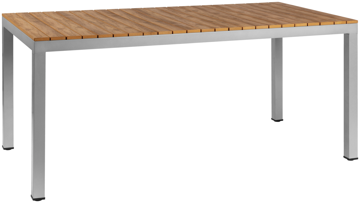 PULSIVA LUSINI Solutions GmbH Outdoor table Resistance Outdoor-Tisch Resistance Outdoor table Resistance; 160x80x73 cm (LxWxH); Table top brown, base grey; rectangular Outdoor-Tisch Resistance; 160x80x73 cm (LxBxH); Platte braun, Gestell grau; rechteckig Simple patio table made of lightweight powder-coated aluminum (Ø frame: 5 cm, material thickness 1.5 cm). Table top made of sturdy 1.5 cm thick plastic slats in teak look. With floor leveling screws. Suitable for outdoor use. Fits all components of the furniture series Resistance. Delivery is disassembled, assembly is easy. Note: Outdoor tables with plastic slats in wood look have many advantages over tables with wooden table tops. However, there are some points to consider when using these tables: Glasses or other objects made of glass, such as ashtrays or vases, can cause a burning glass effect (magnifying glass effect) when exposed to direct sunlight, which can cause damage to the surface. Outdoortisch aus leichtem, pulverbeschichtetem Aluminium (Ø Gestell 5 cm, Materialstärke 1.5 cm). Tischplatte aus robusten 1.5 cm starken Kunststoff-Leisten in Teak-Optik. Traglast ca. 100 kg. Mit Bodenausgleichsschrauben. Für den Außenbereich geeignet. Passt zu allen Bestandteilen der Möbel-Serie Resistance. Die Lieferung erfolgt zerlegt, Befestigungsmaterial inklusive. Passende Stühle und Bänke gleich mitbestellen. Hinweis: Outdoortische mit Kunststoffleisten in Holzoptik weisen viele Vorteile gegenüber Tischen mit Holztischplatten aus. Beim Einsatz dieser Tische sind aber einige Punkte zu beachten: Gläser oder andere Gegenstände aus Glas wie Aschenbecher oder Vasen können bei direkter Sonneneinstrahlung einen Brennglas Effekt (Lupeneffekt) verursachen, der zu Beschädigungen der Oberfläche führen kann.