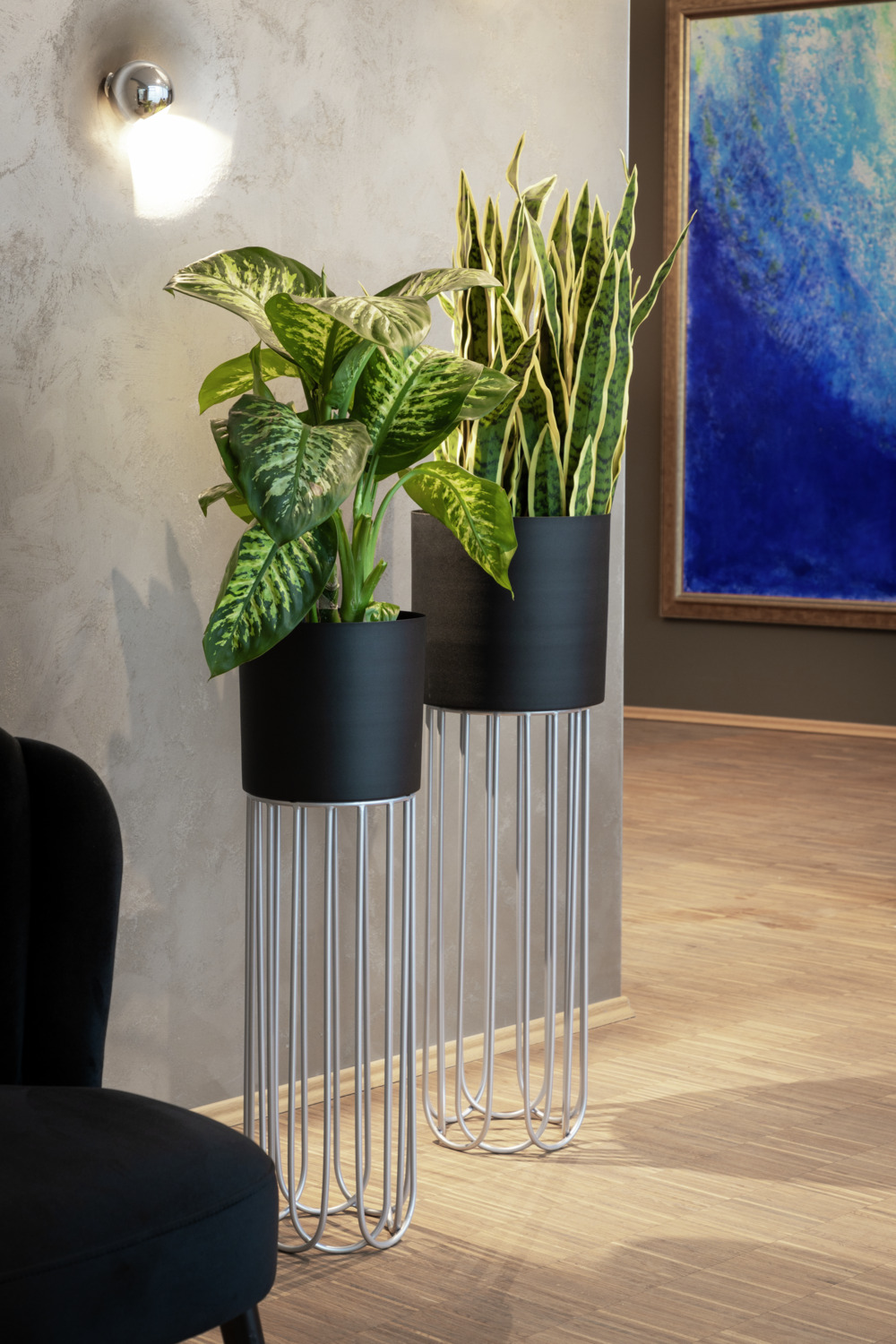 LUSINI Paulos Indoor Plant Pot Set with Integrated Stands, Black/Silver, 2-Piece Planter Set, 82cm and 72cm Heights, German Design