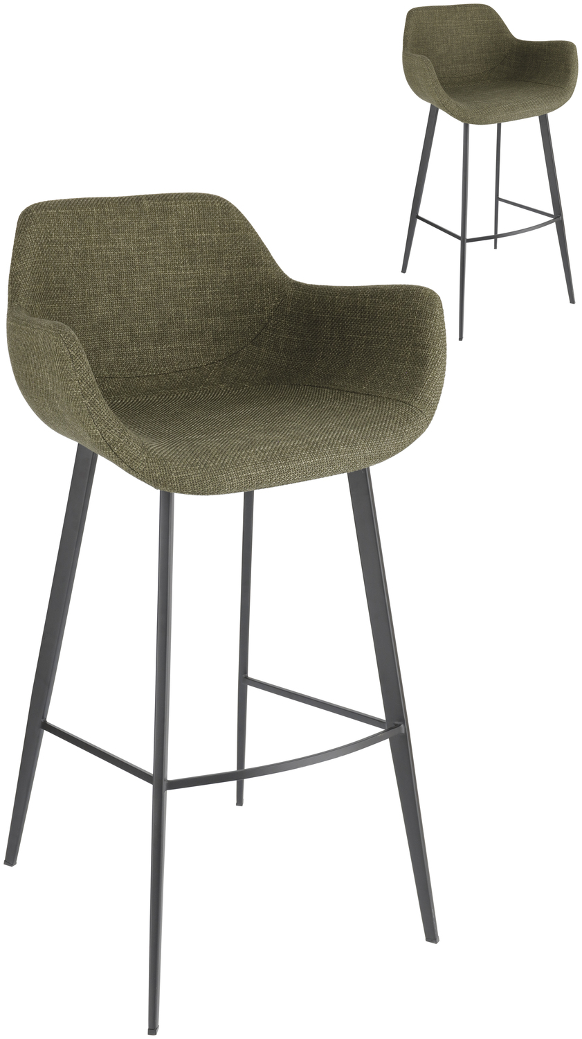 VEGA Limea Bar Stool, Olive Fabric Seat, Black Powder-Coated Metal Base, Ergonomic Shell with Armrests and Footrest, 57x54x102 cm