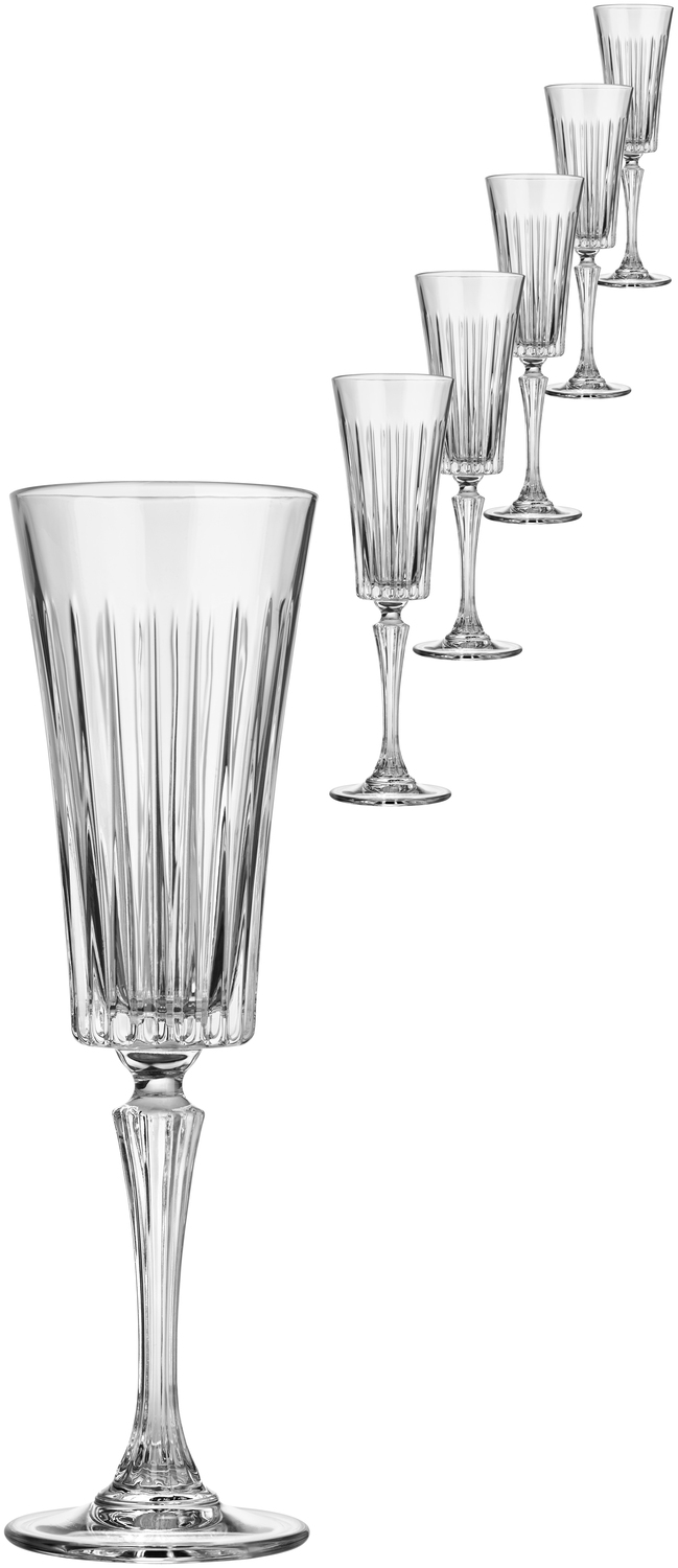 RCR Timeless Crystal Champagne and Sparkling Wine Glasses, 210ml, Vertical Relief Grooved Design, Transparent, Dishwasher Safe