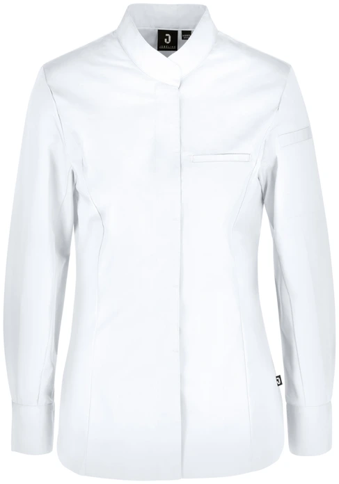 JOBELINE LUSINI Solutions GmbH Women's chef's jacket Marco long-sleeved Damen Kochjacke Marco Langarm Women's chef's jacket Marco long-sleeved; Size 48; white Damen Kochjacke Marco Langarm; Kleidergröße 48; weiß 65 % polyester, 35 % cotton. 150 g/m². 60 °C wash. Elegant women's chef jacket made of an extra-light and breathable fabric. With stand-up collar and concealed snap button placket, as well as a two-section upper arm pocket. With an inset piped pocket on the chest and practical bib apron loop at the neck. The sleeve end is formed by a classic shirt cuff with snap buttons. The entire back, as well as the lower part of the sleeves, is made of a breathable and elastic piqué material, which ensures a slim and extremely comfortable fit. Slightly tailored cut. Back length: 68 cm for size 36. 65 % Polyester, 35 % Baumwolle. 150 g/m². 60°-Wäsche Elegante Damenkochjacke aus einem extraleichten und atmungsaktiven Gewebe. Mit Stehkragen und verdeckter Druckknopfleiste, sowie einer zweigeteilten Oberarmtasche. Mit einer eingelassenen Paspeltasche auf der Brust und praktischen Latzschürzenschlaufe im Nacken. Den Ärmelabschluss bildet eine klassische Hemdenmanschette mit Druckknöpfen. Die gesamte Rückenpartie, sowie der untere Teil der Ärmel besteht aus einem atmungsaktiven und elastischem Piqué Material, das für eine schmale und äußerst bequeme Passform sorgt. Leicht tailliert geschnitten. Rückenlänge: 68 cm in Gr. 36